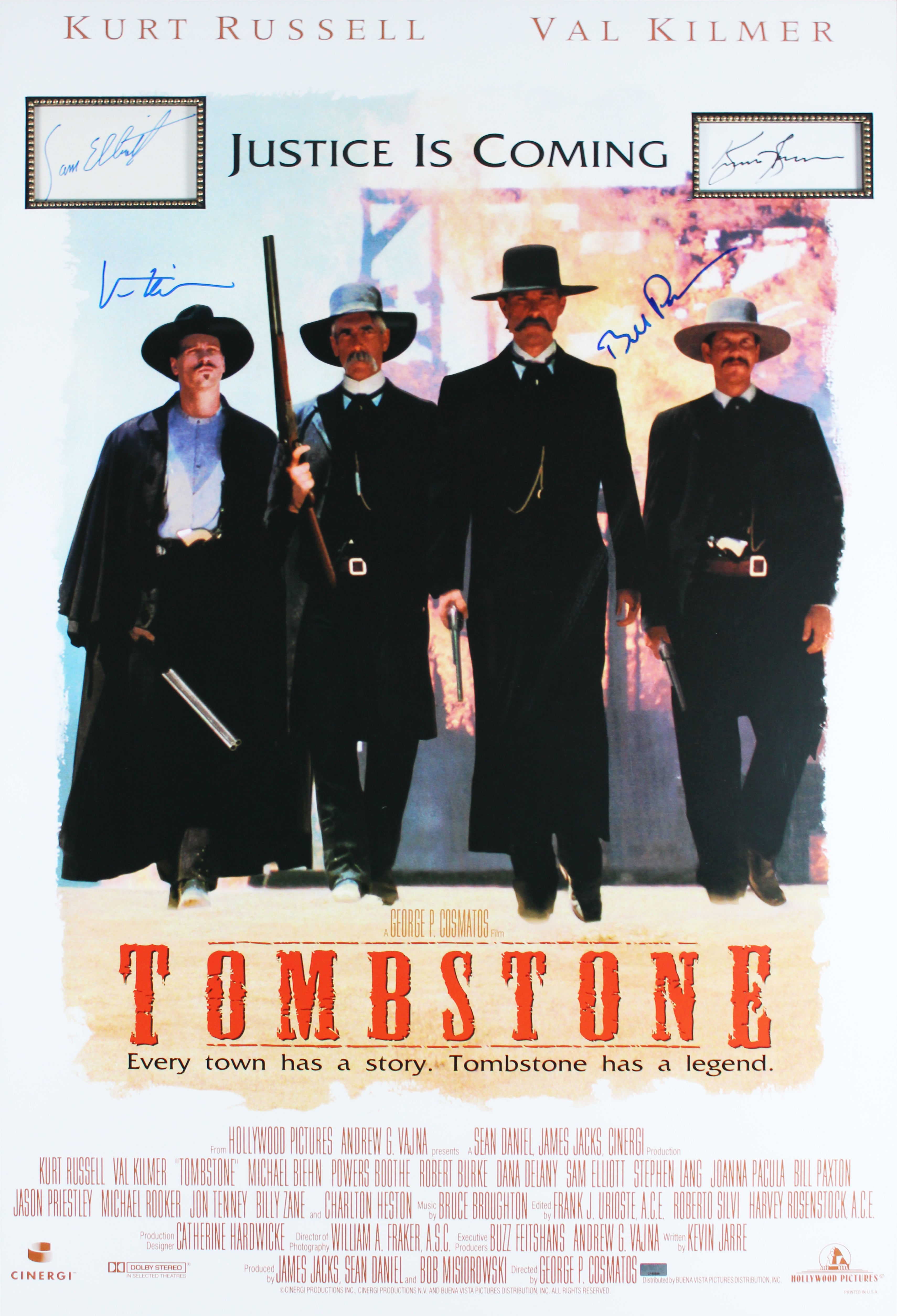 Tombstone (4) Russell, Kilmer +2 Signed 27x38 Movie Poster Framed Display BAS