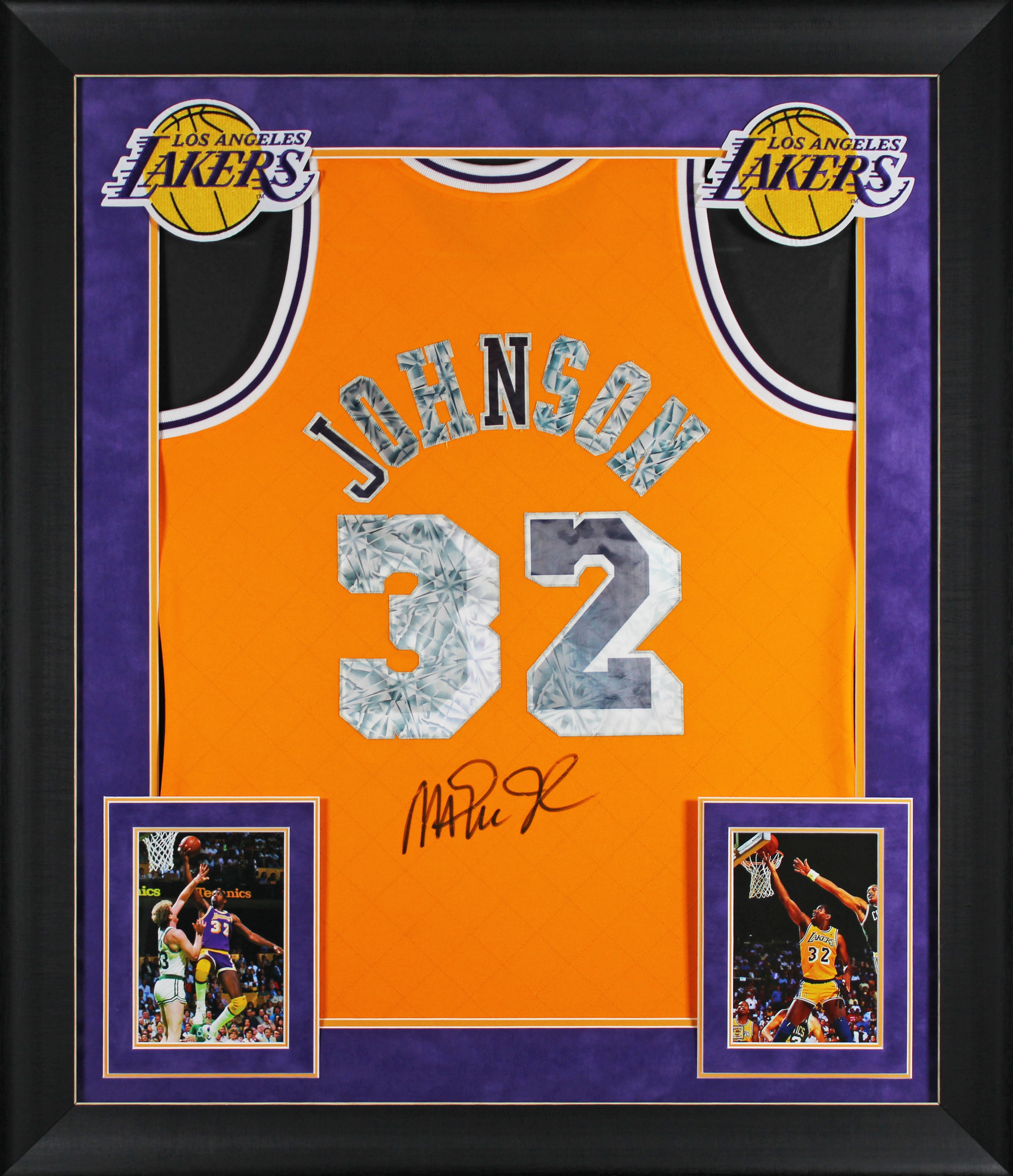 Magic Johnson Signed Yellow Diamond M&N 84-85 HWC Swingman Framed Jersey BAS Wit