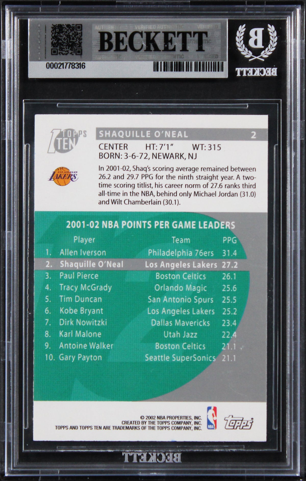 Lakers Shaquille O'Neal Authentic Signed 2002 Topps Ten #2 Card BAS Slabbed