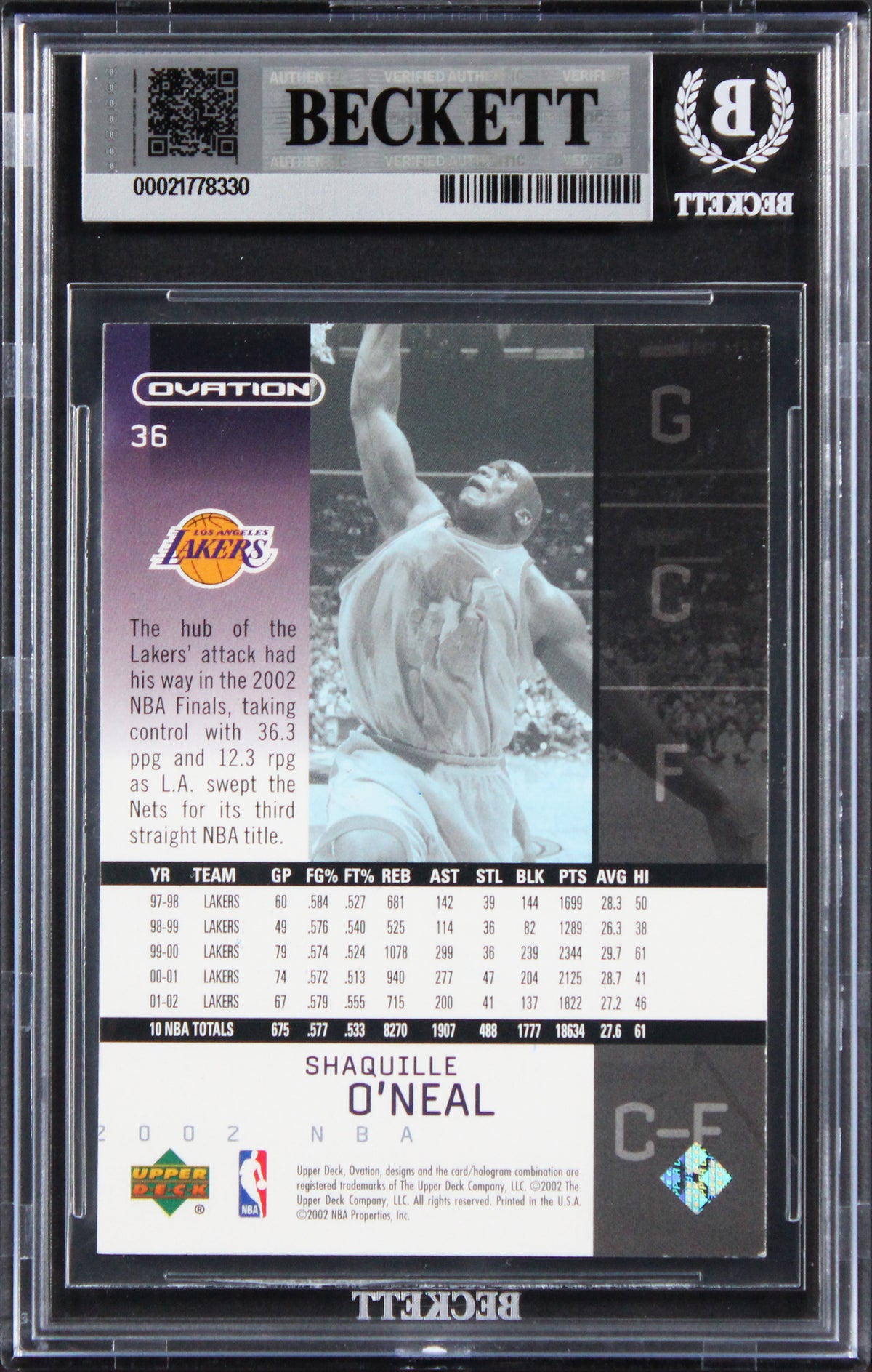 Lakers Shaquille O'Neal Signed 2002 Upper Deck Ovation #36 Card BAS Slabbed