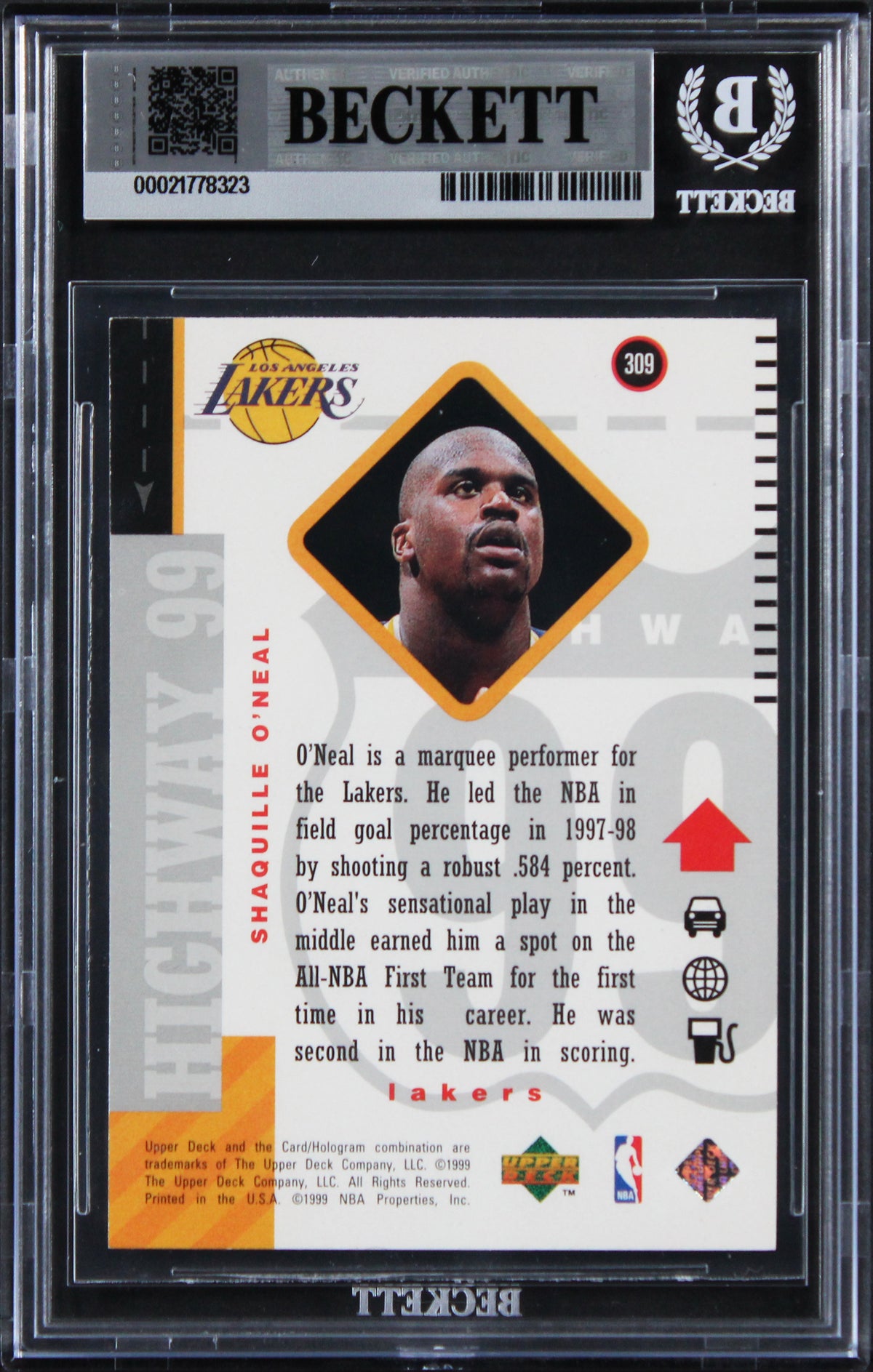 Lakers Shaquille O'Neal Authentic Signed 1998 Upper Deck #309 Card BAS Slabbed