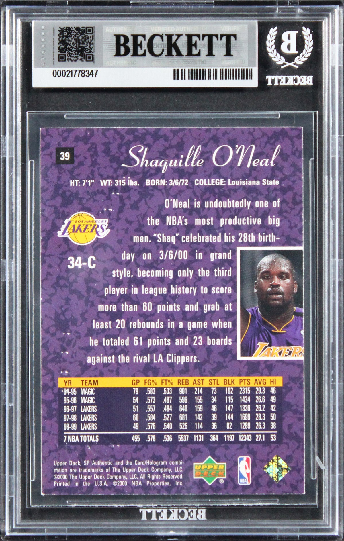 Lakers Shaquille O'Neal Authentic Signed 1999 SP Authentic #39 Card BAS Slabbed