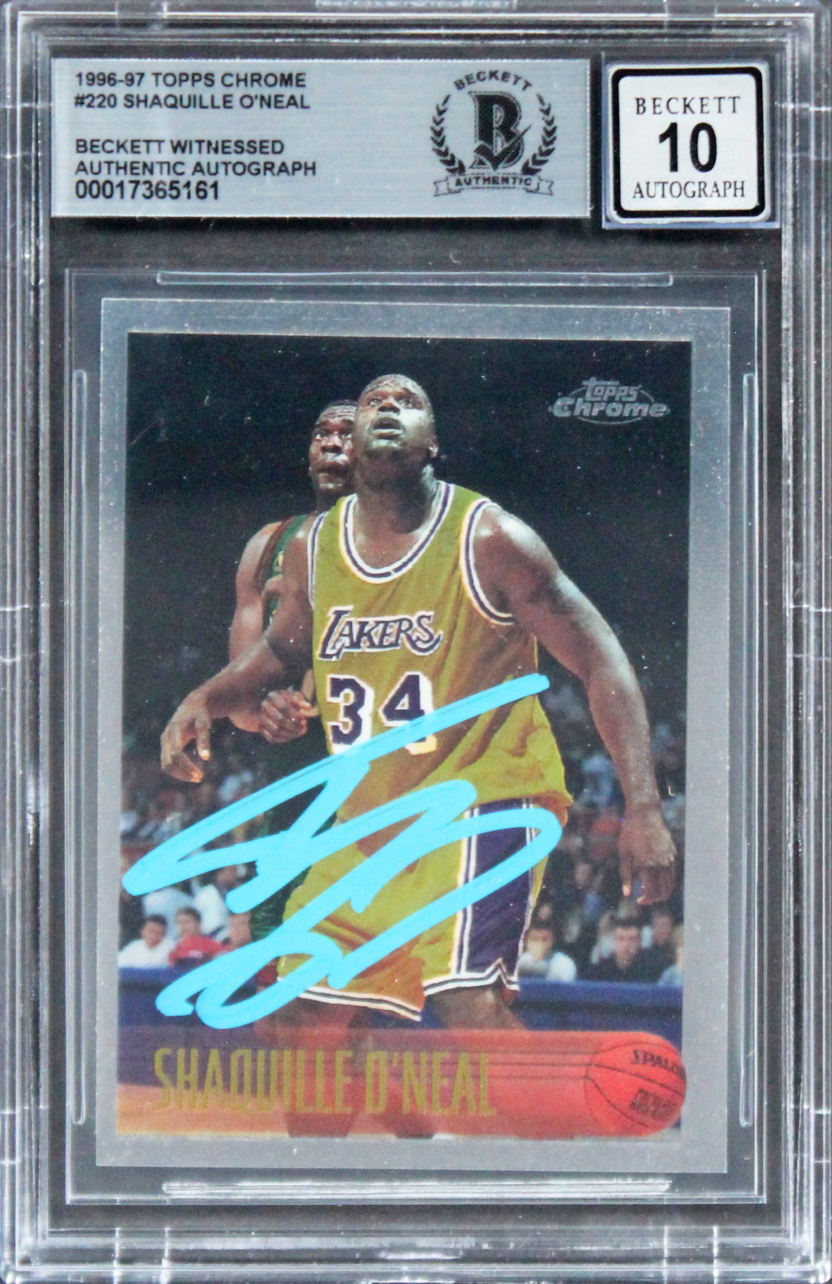Lakers Shaquille O'Neal Signed 1996 Topps Chrome #220 Card Auto 10! BAS Slabbed