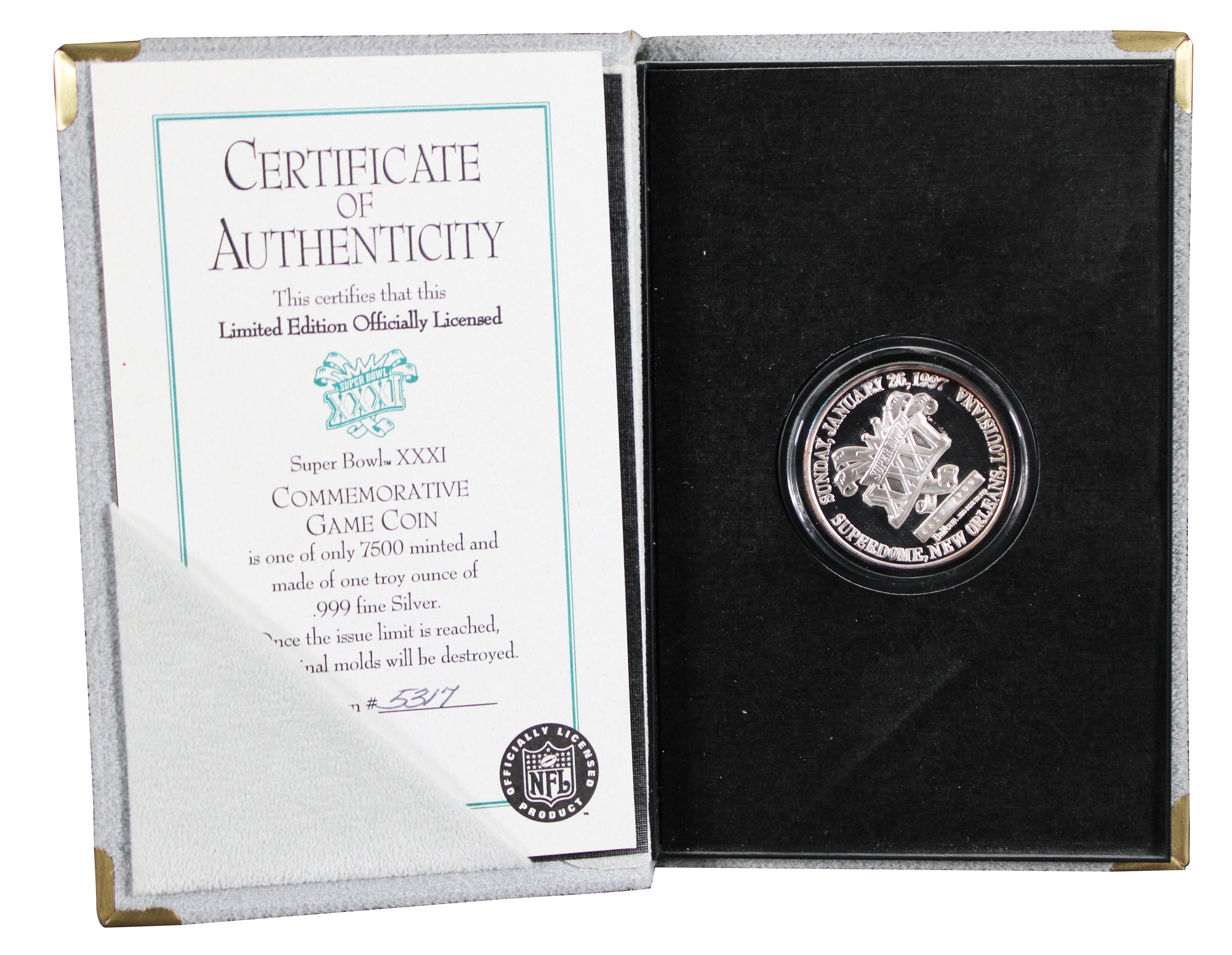 Balfour NFL Super Bowl XXXI Commemorative Silver Coin LE #5317/7500 Un-signed