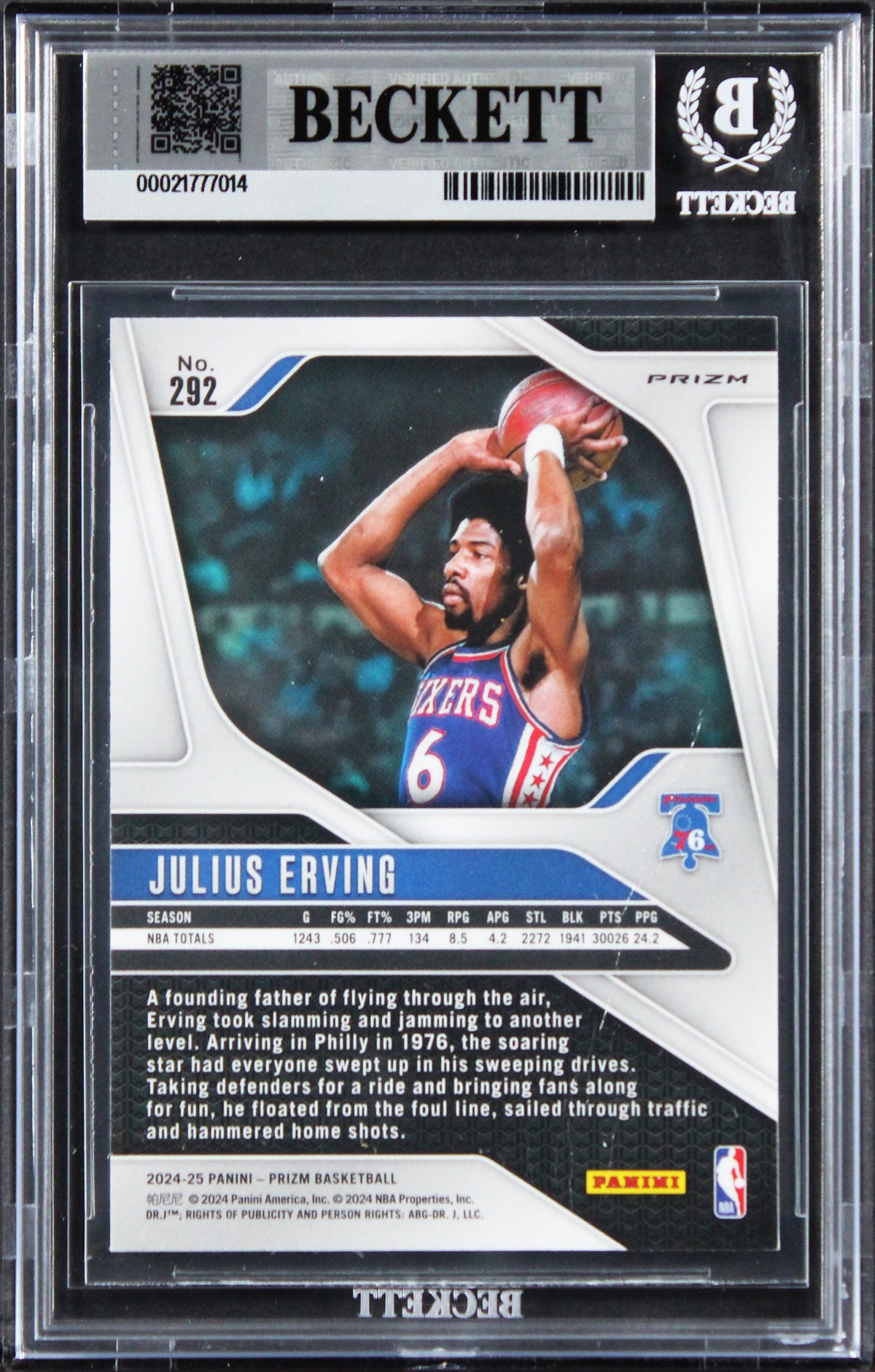 76ers Julius Erving Signed 2024 Panini Prizm Prizms Ice #292 Card BAS Slabbed