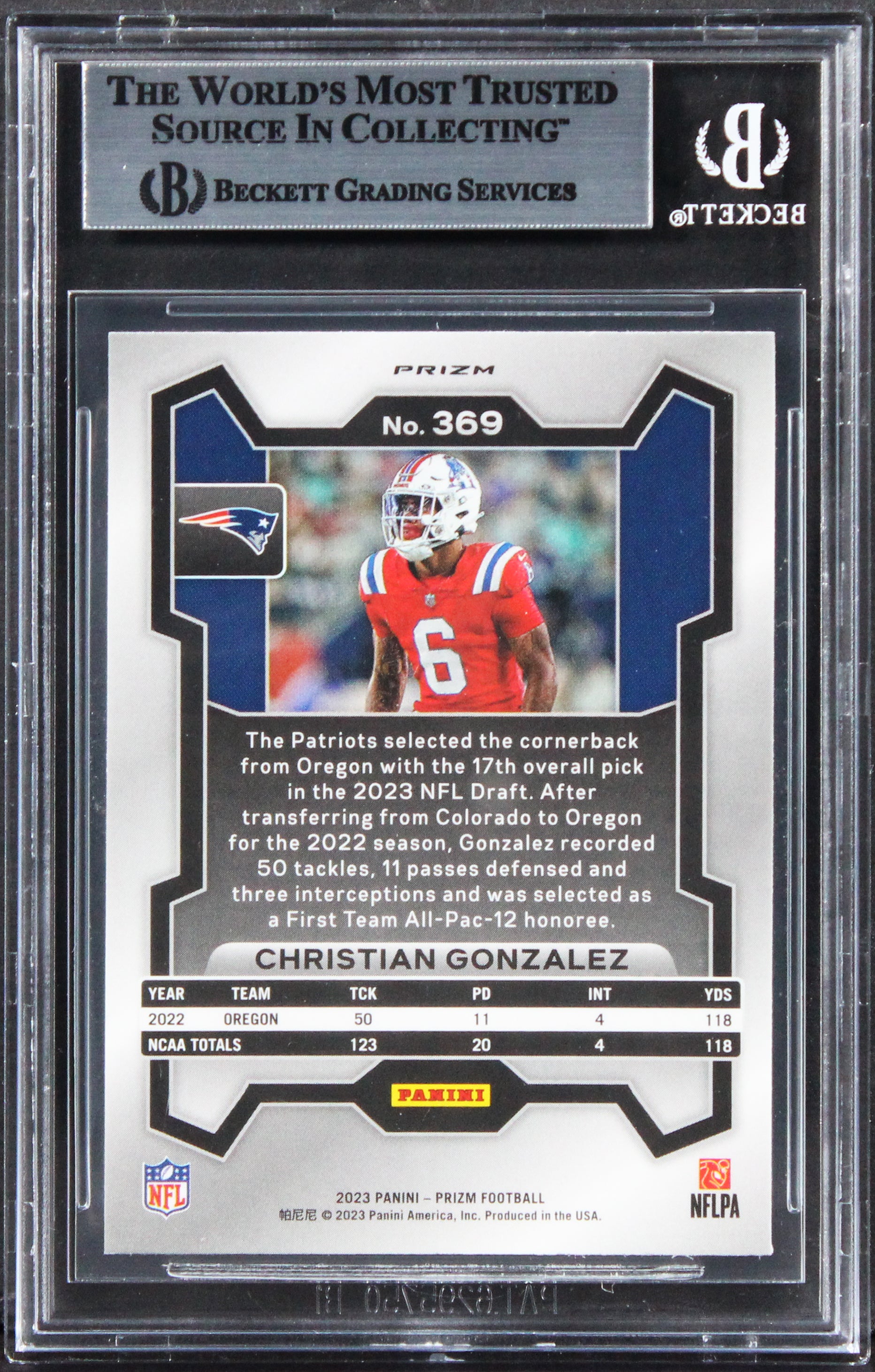 Patriots Christian Gonzalez 2024 Signed 2023 Panini Prizm Slv #369 RC BAS Slab