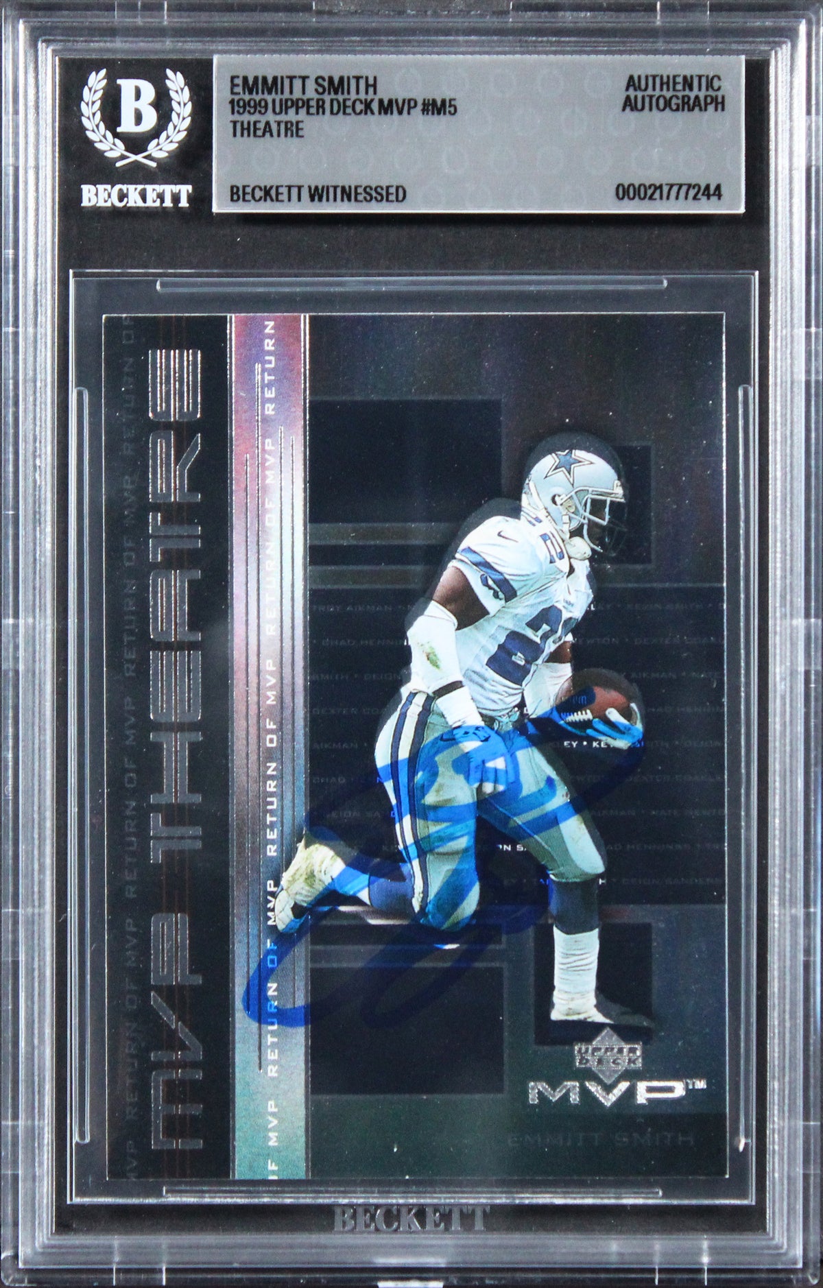 Cowboys Emmitt Smith Signed 1999 Upper Deck MVP Theatre #M5 Card BAS Slabbed