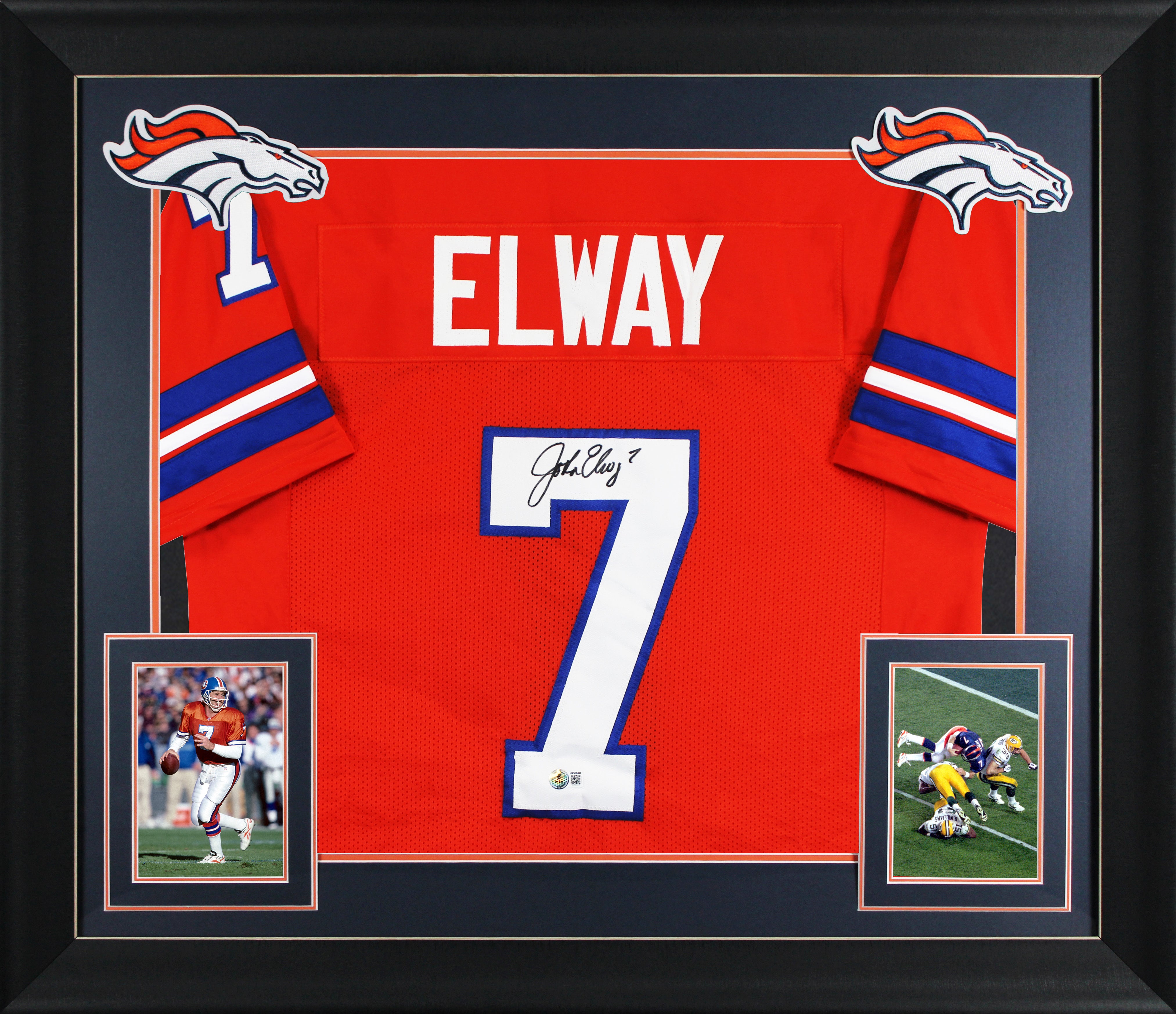 John Elway Signed Orange Throwback Pro Style Framed Jersey BAS Witnessed 2
