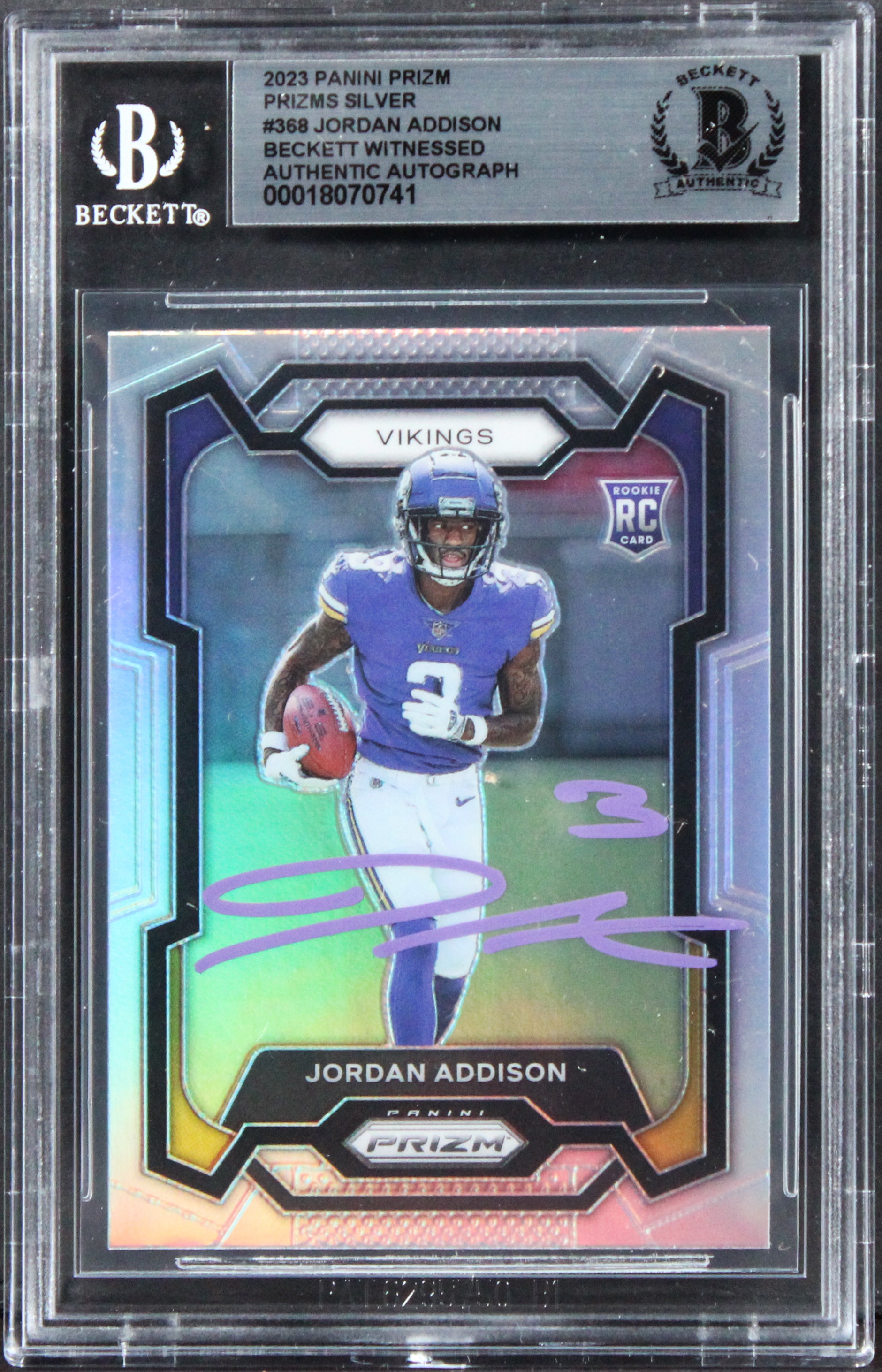 Vikings Jordan Addison Signed 2023 Panini Prizm Silver #368 Card BAS Slabbed