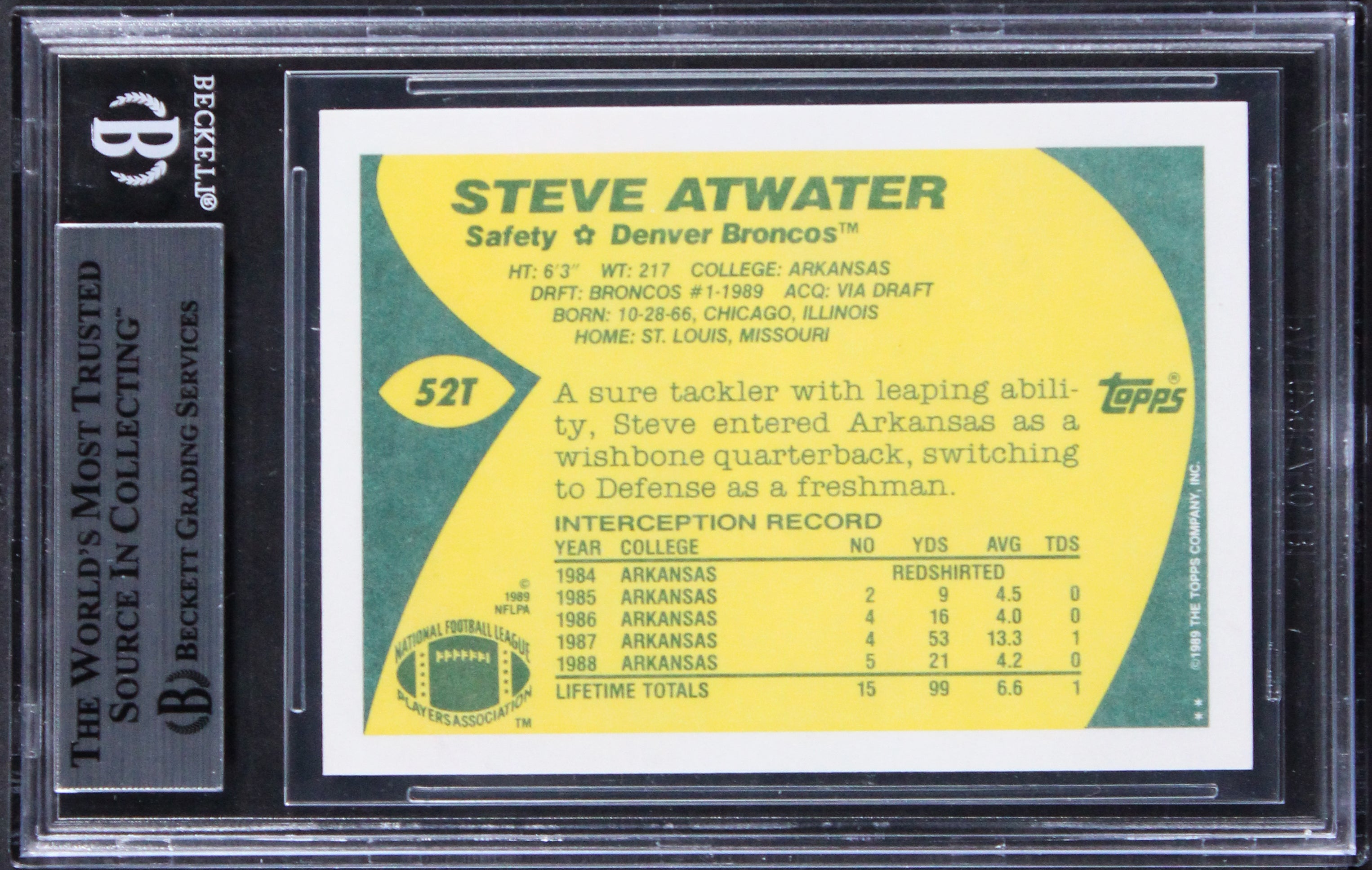 Broncos Steve Atwater Signed 1989 Topps Traded #52T Rookie Card BAS Slabbed