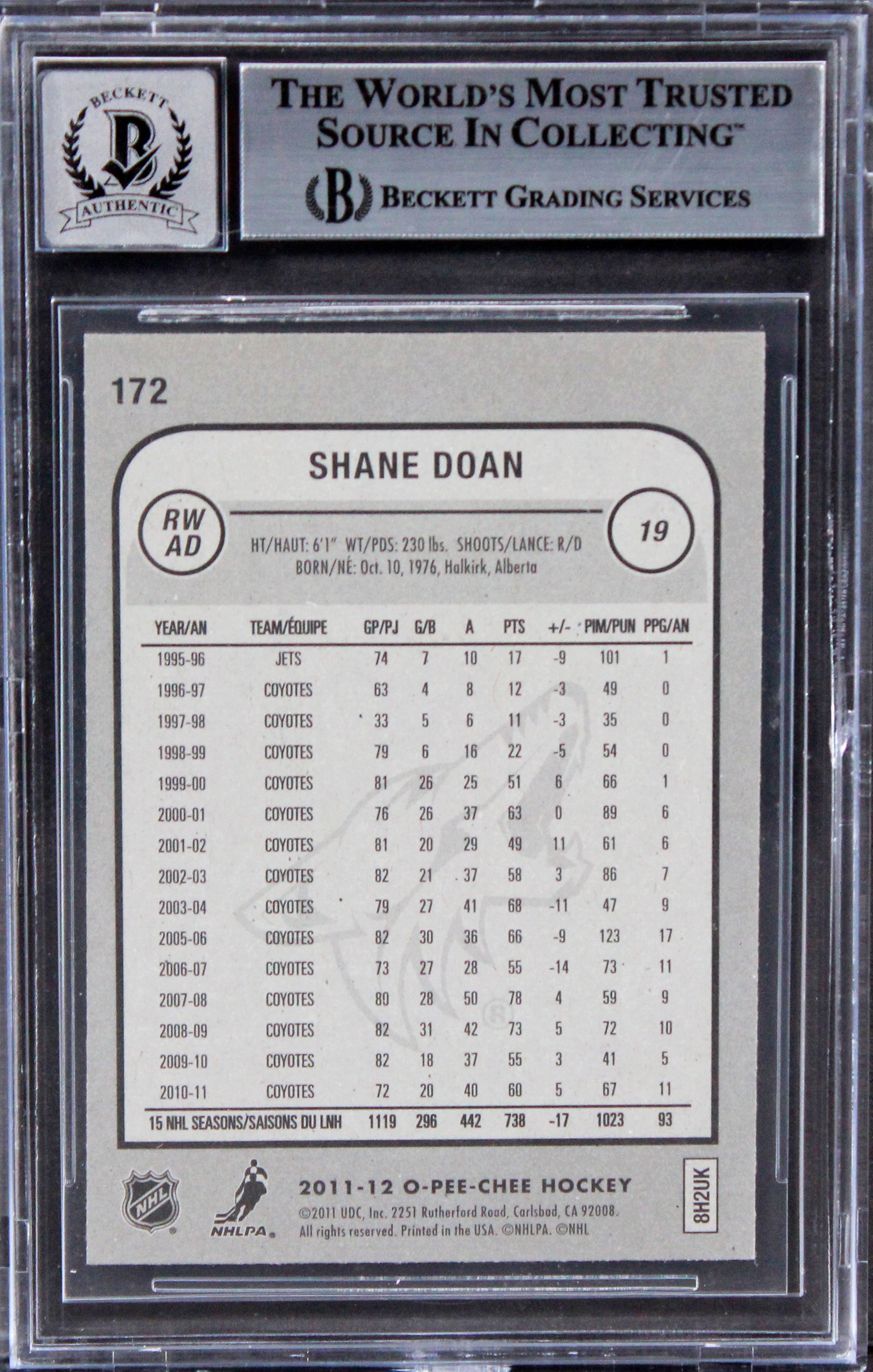 Coyotes Shane Doan Authentic Signed 2011 O-Pee-Chee #172 Card Auto 10! BAS Slab