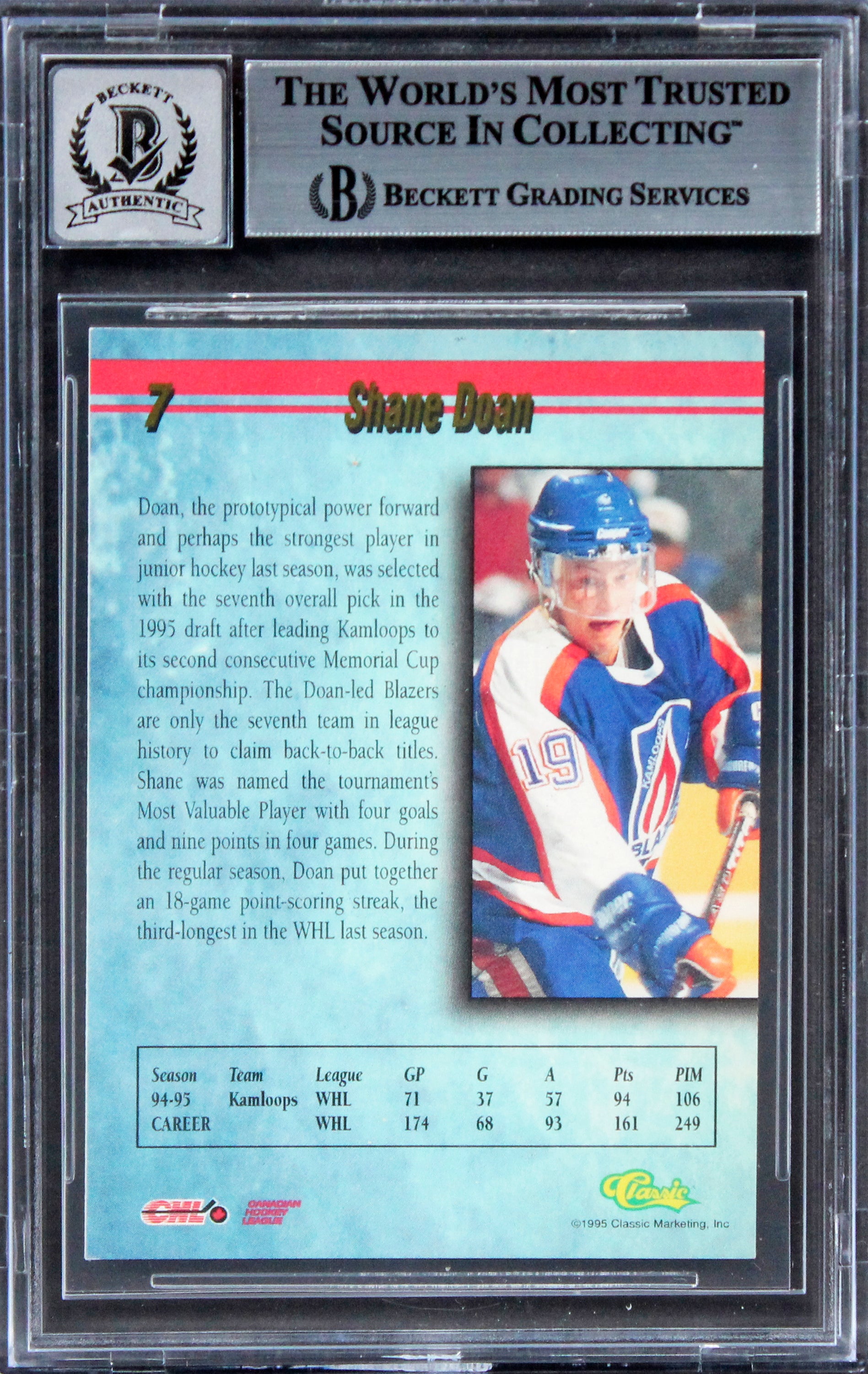 Jets Shane Doan Authentic Signed 1995 Classic #7 Rookie Card Auto 10! BAS Slab