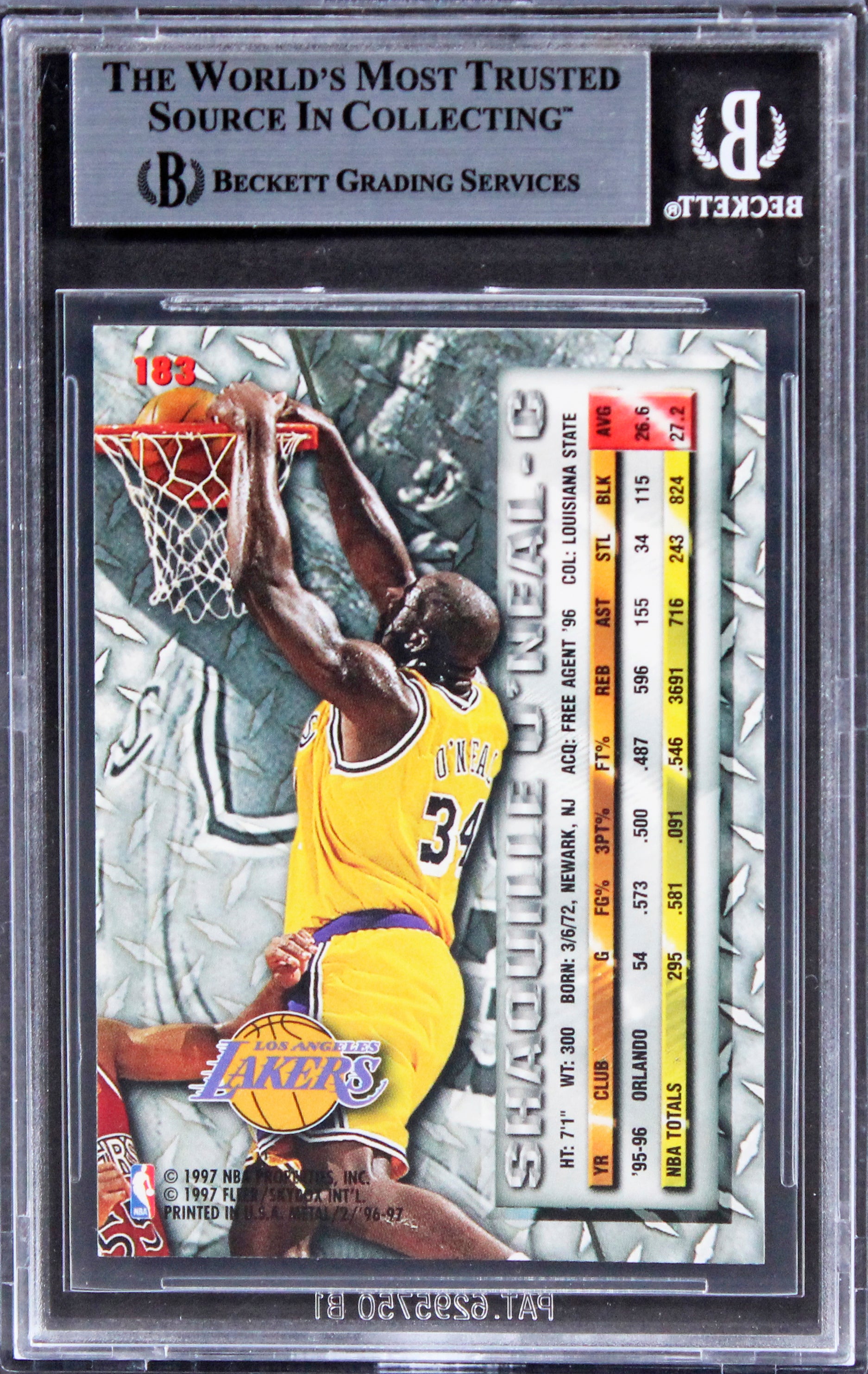 Lakers Shaquille O'Neal Authentic Signed 1996 Metal #183 Card BAS Slabbed