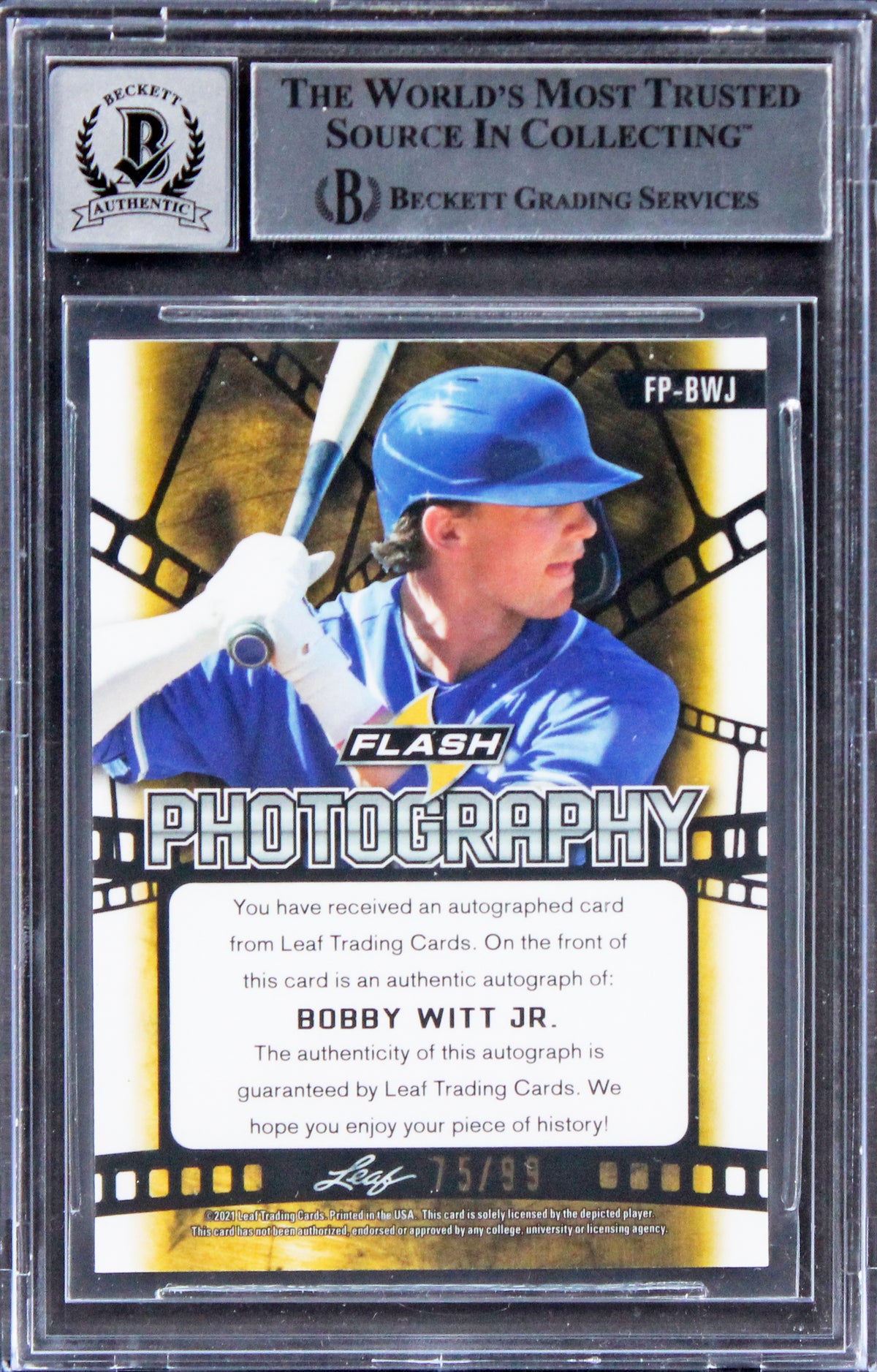 Bobby Witt Jr. Signed 2021 Leaf Flash Photo Silver #75/99 Card Auto 10! BAS Slab