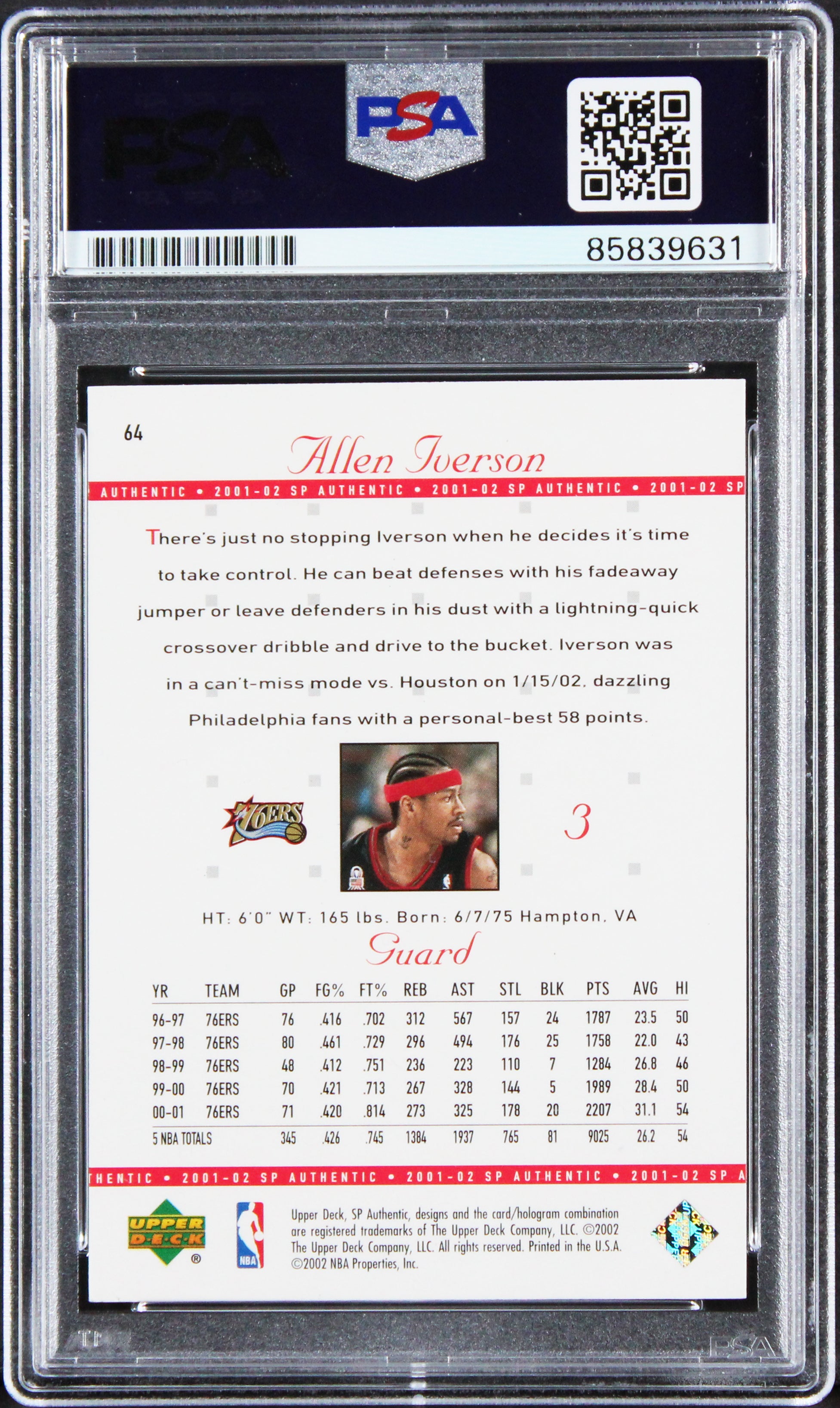 76ers Allen Iverson Authentic Signed 2001 SP Authentic #64 Card PSA/DNA Slabbed