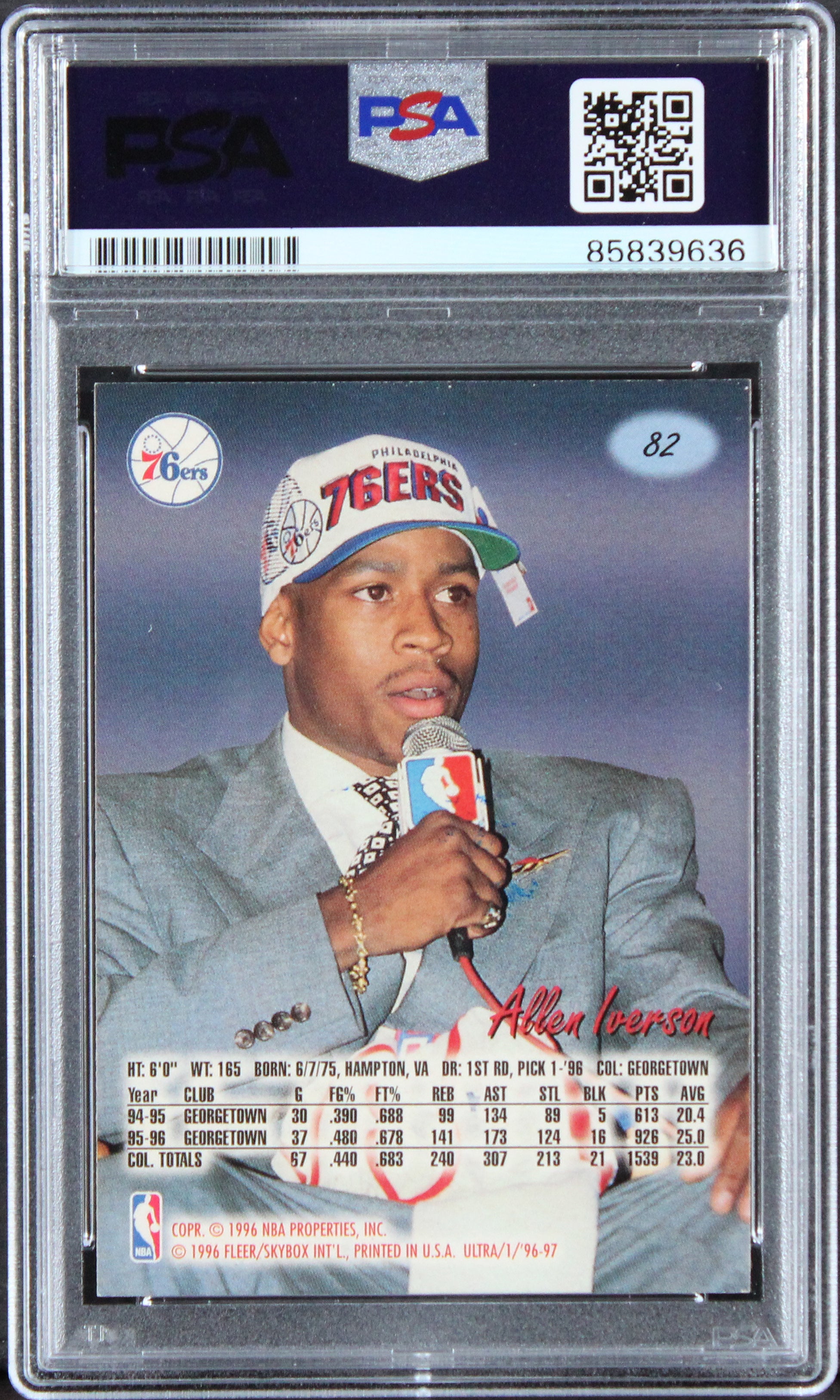 76ers Allen Iverson Signed 1996 Fleer Ultra #82 Rookie Card PSA/DNA Slabbed