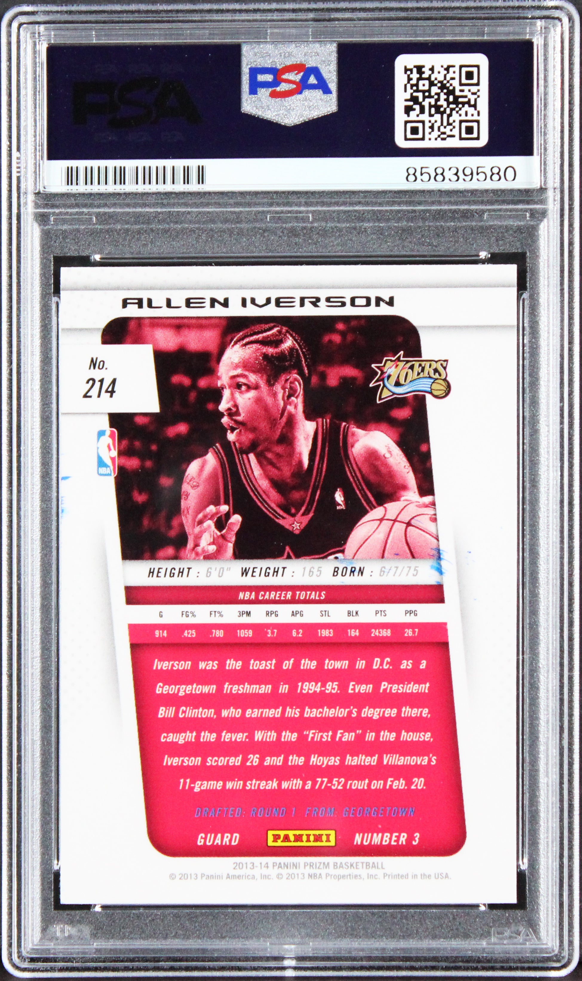 76ers Allen Iverson Authentic Signed 2013 Panini Prizm #214 Card PSA/DNA Slabbed