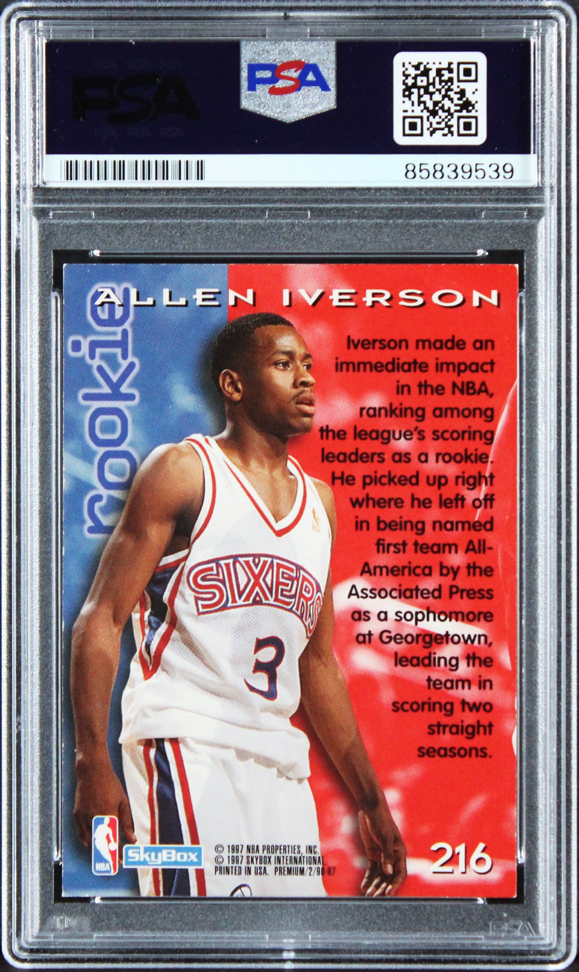 76ers Allen Iverson Signed 1996 SkyBox Premium #216 Rookie Card PSA/DNA Slabbed