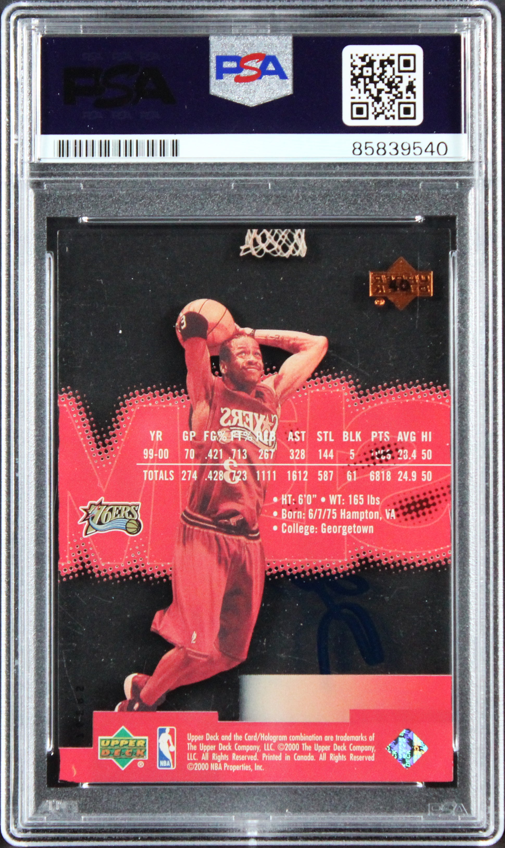 76ers Allen Iverson 2000 Upper Deck Slam #40 Card Autographed PSA/DNA Slabbed