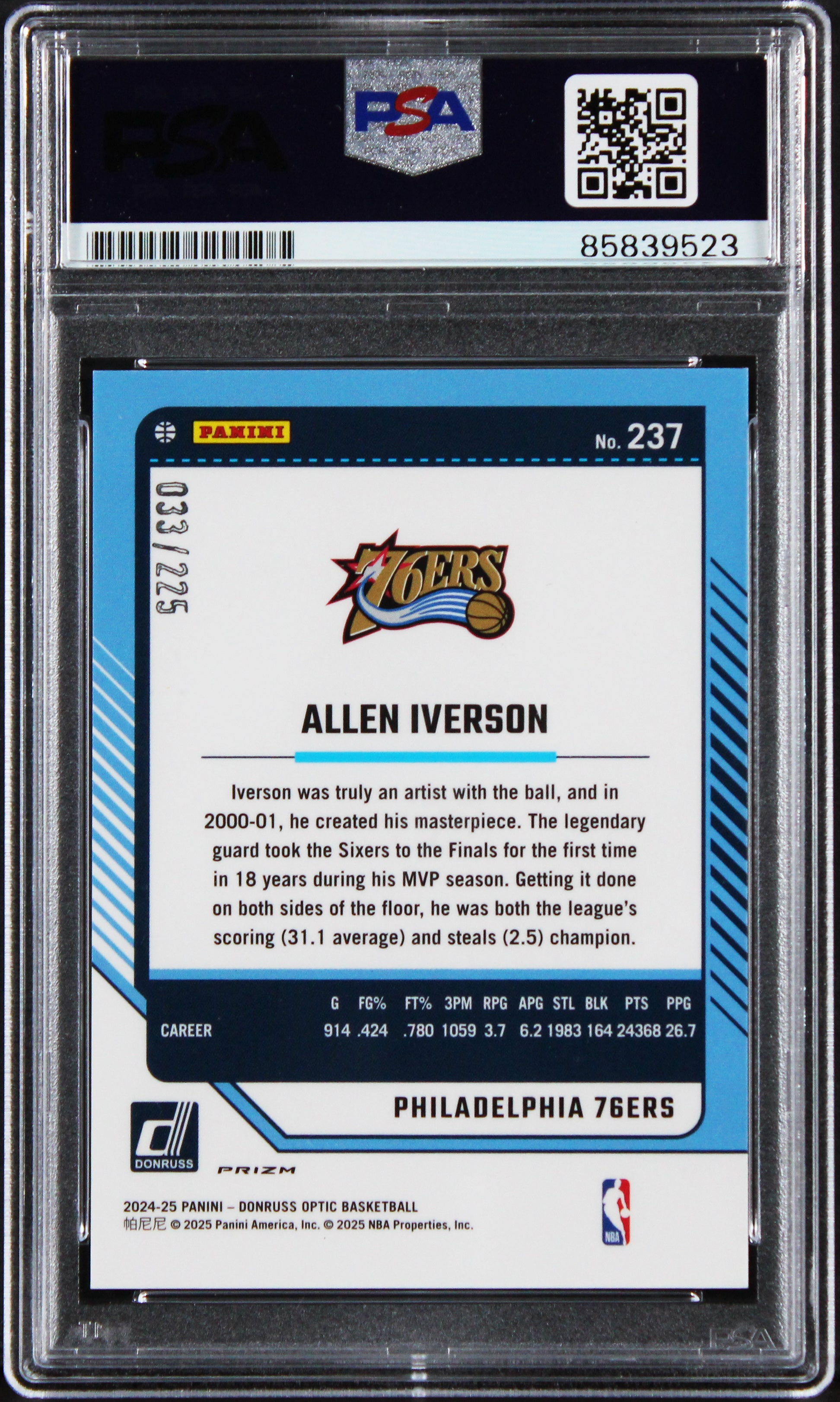 76ers Allen Iverson Signed 2024 Donruss Optic #237 33/225 Card PSA/DNA Slabbed