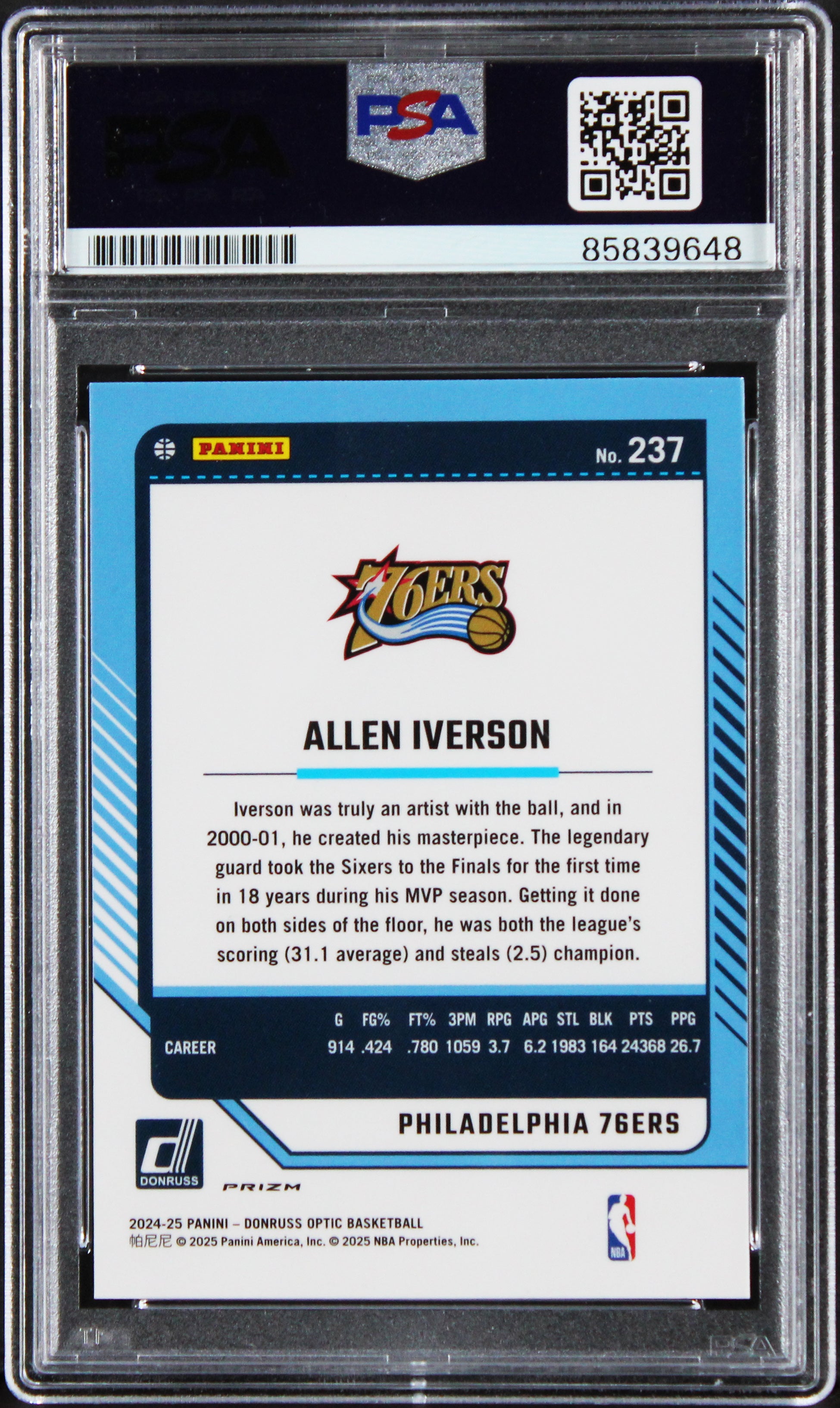 76ers Allen Iverson Signed 2024 Donruss Optic Legends #237 Card PSA/DNA Slabbed