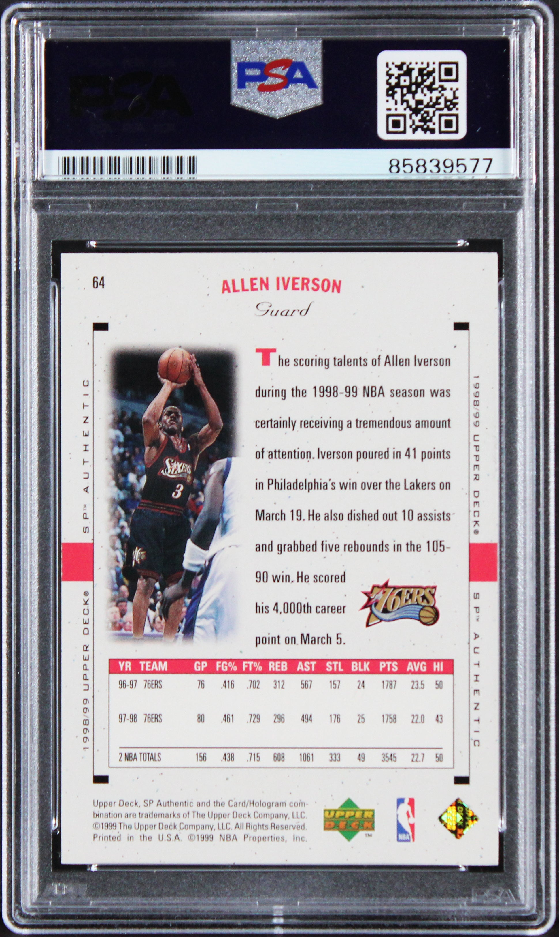 76ers Allen Iverson 1998 SP Authentic #64 Card Autographed PSA/DNA Slabbed