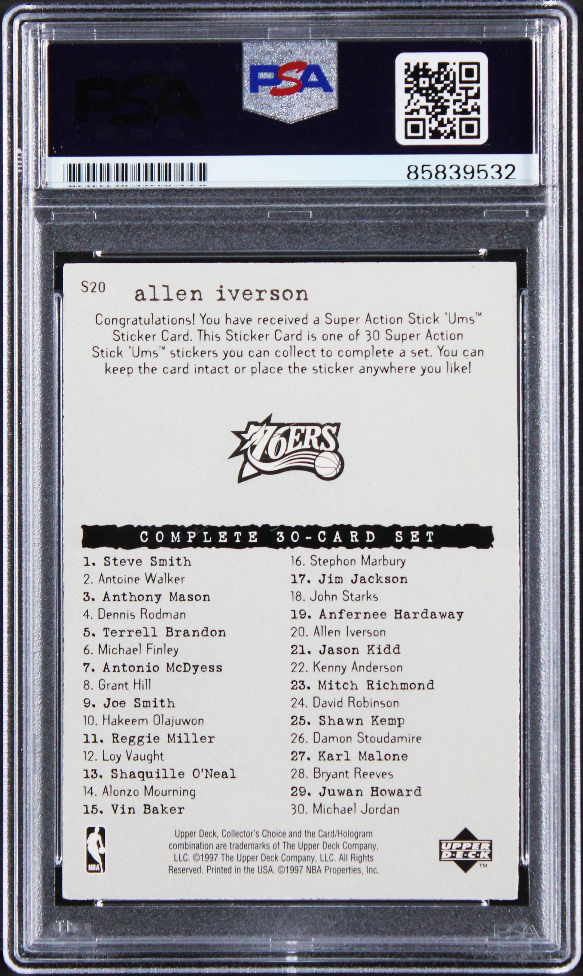 76ers Allen Iverson Signed 1997 Upper Deck Stick-Ums #S20 Card PSA/DNA Slabbed