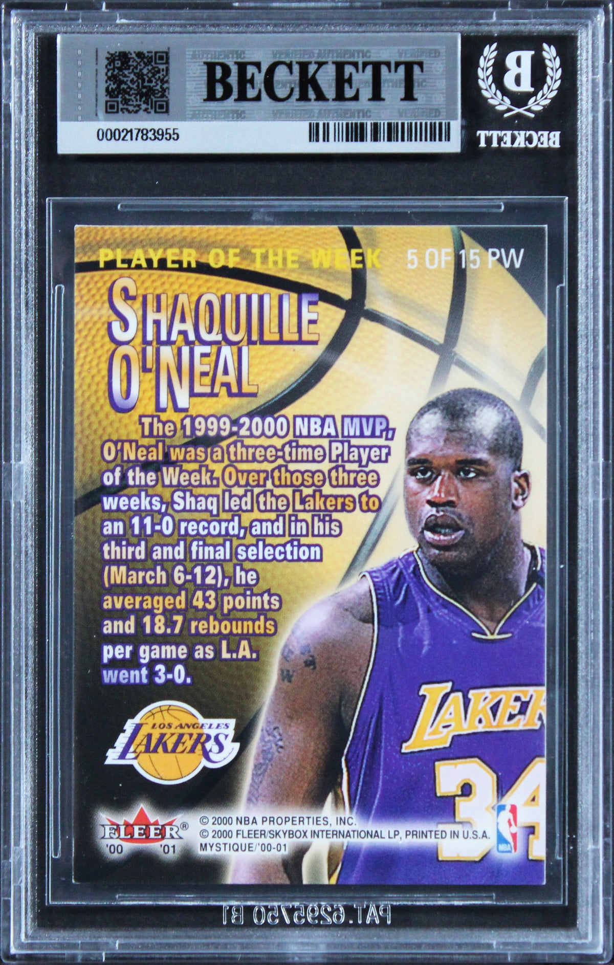 Lakers Shaquille O'Neal Signed 2000 Fleer Mystique #5 Card Auto 10! BAS Slabbed