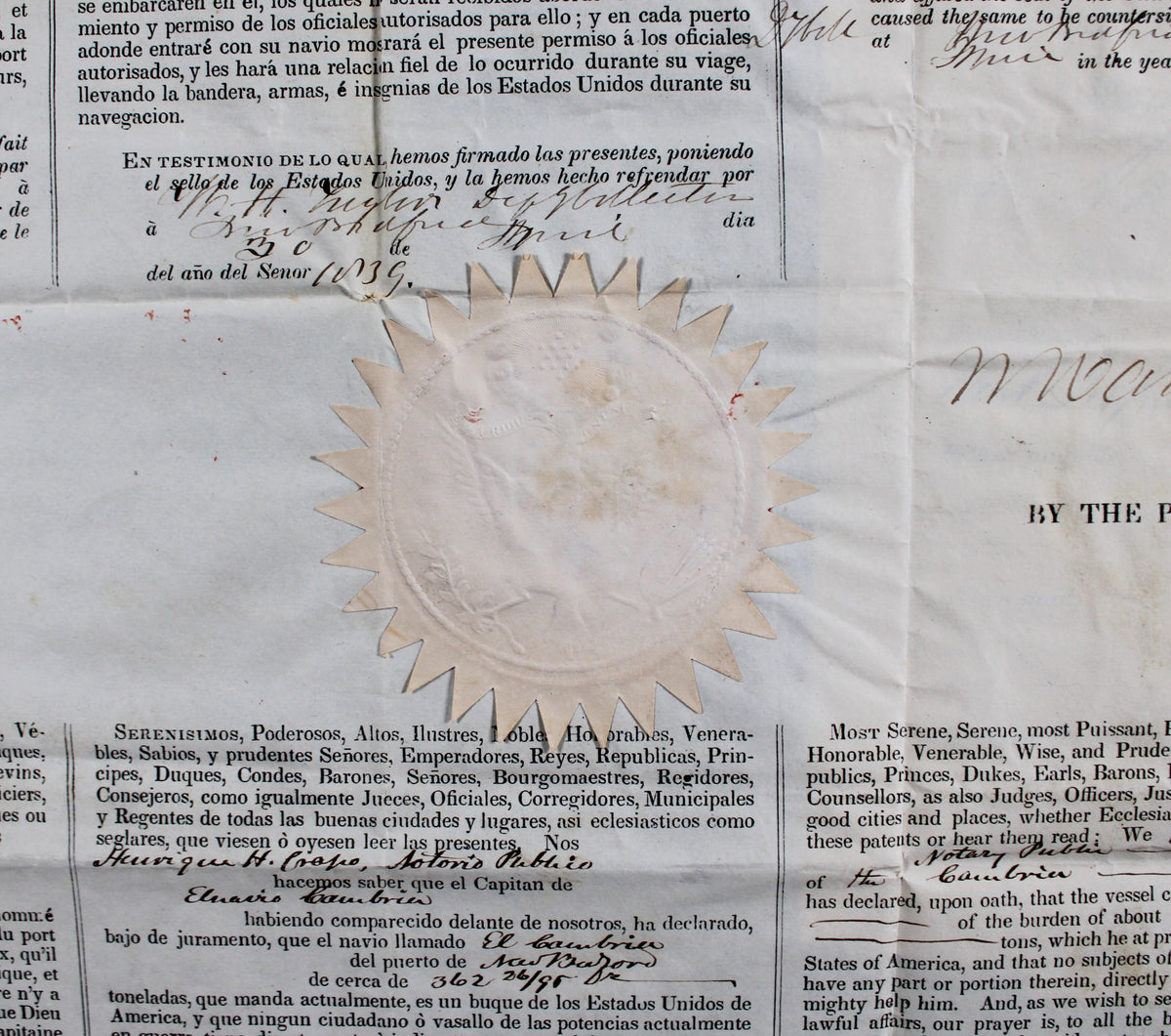 Martin Van Buren Signed 16.25x20.25 1839 Whaling Vessel's Ship's Passport BAS