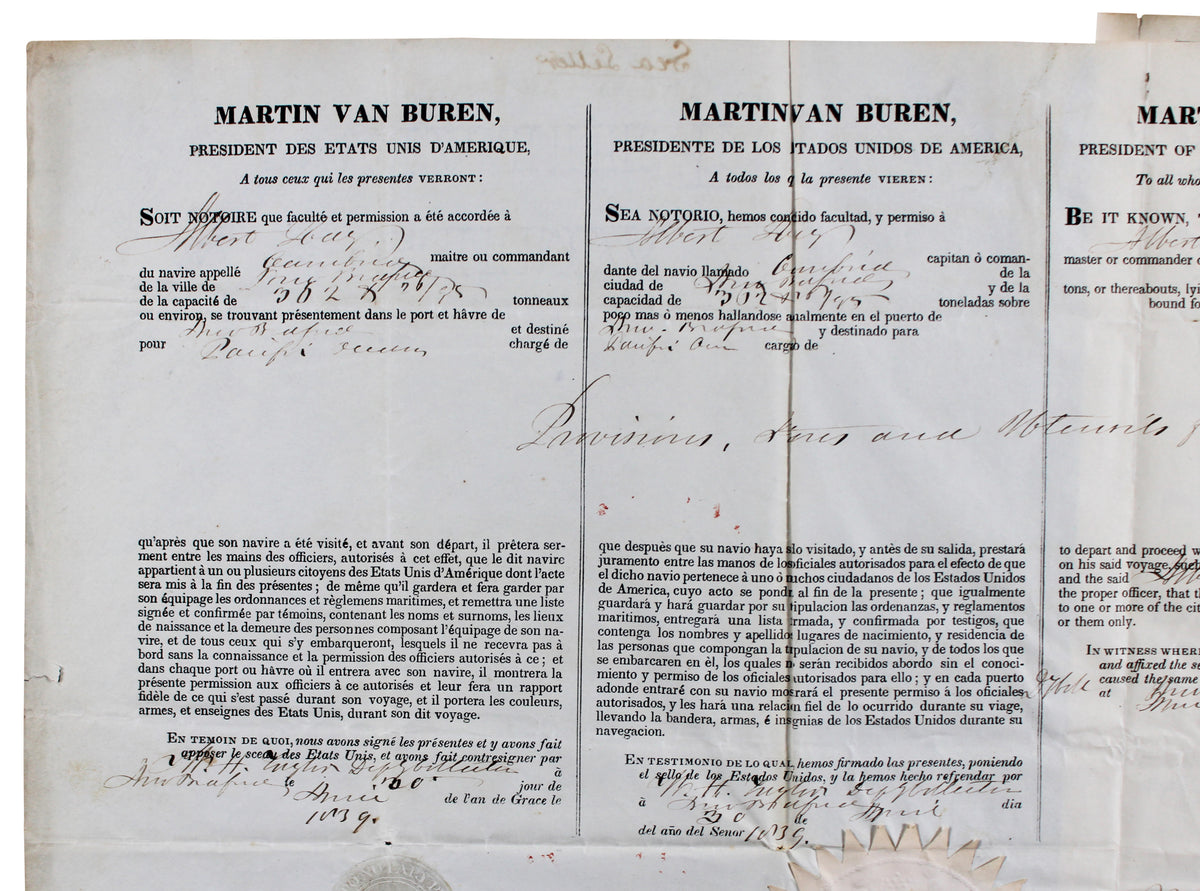 Martin Van Buren Signed 16.25x20.25 1839 Whaling Vessel's Ship's Passport BAS