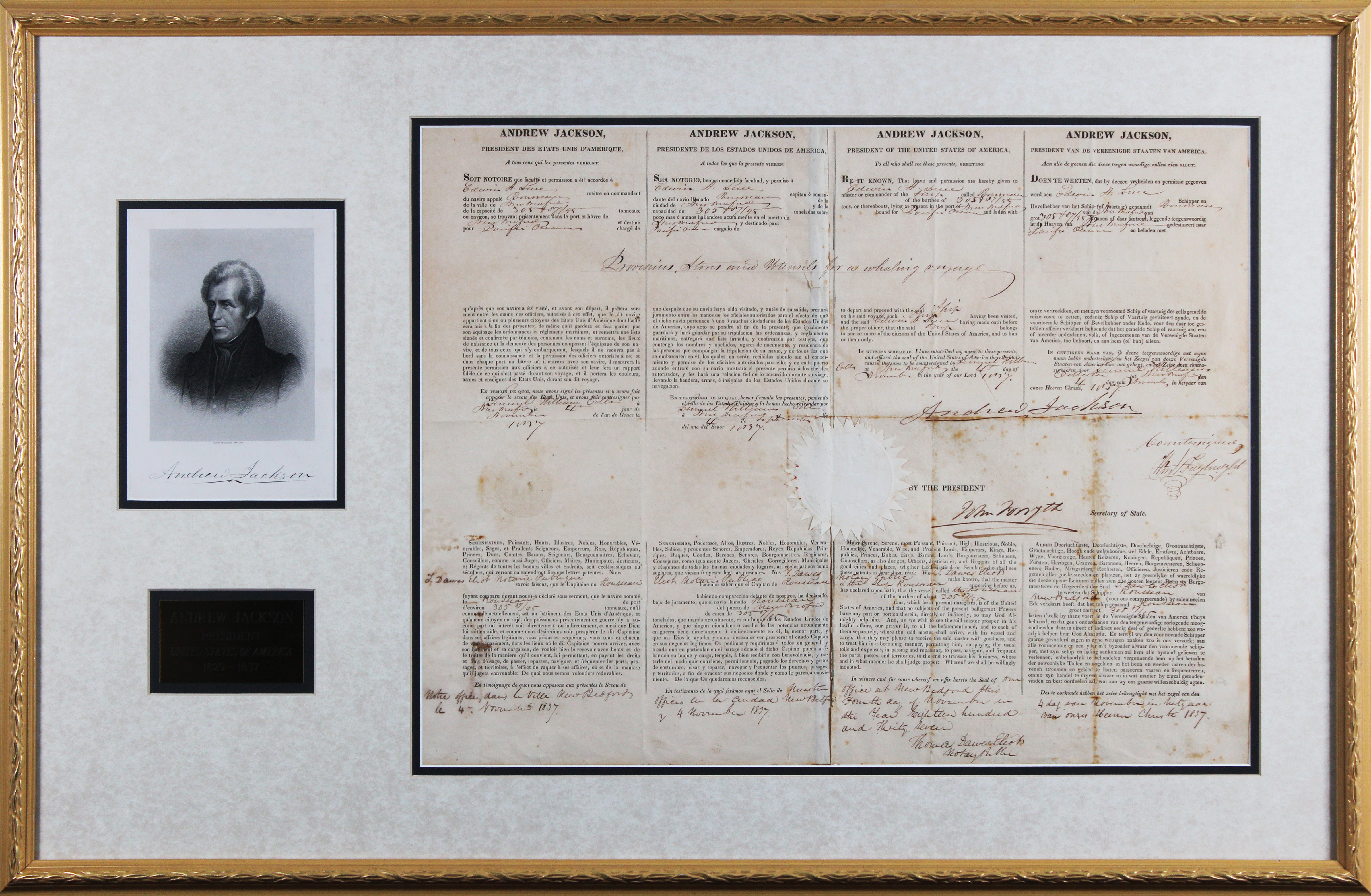 Andrew Jackson Signed & Framed 15.25x20 1837 Four Language Ship's Passport BAS