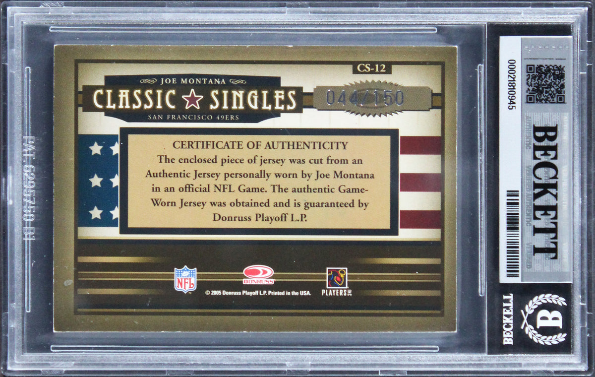 Joe Montana Signed 2005 Donruss Classics #CS12 44/150 Card Auto 10! BAS Slabbed