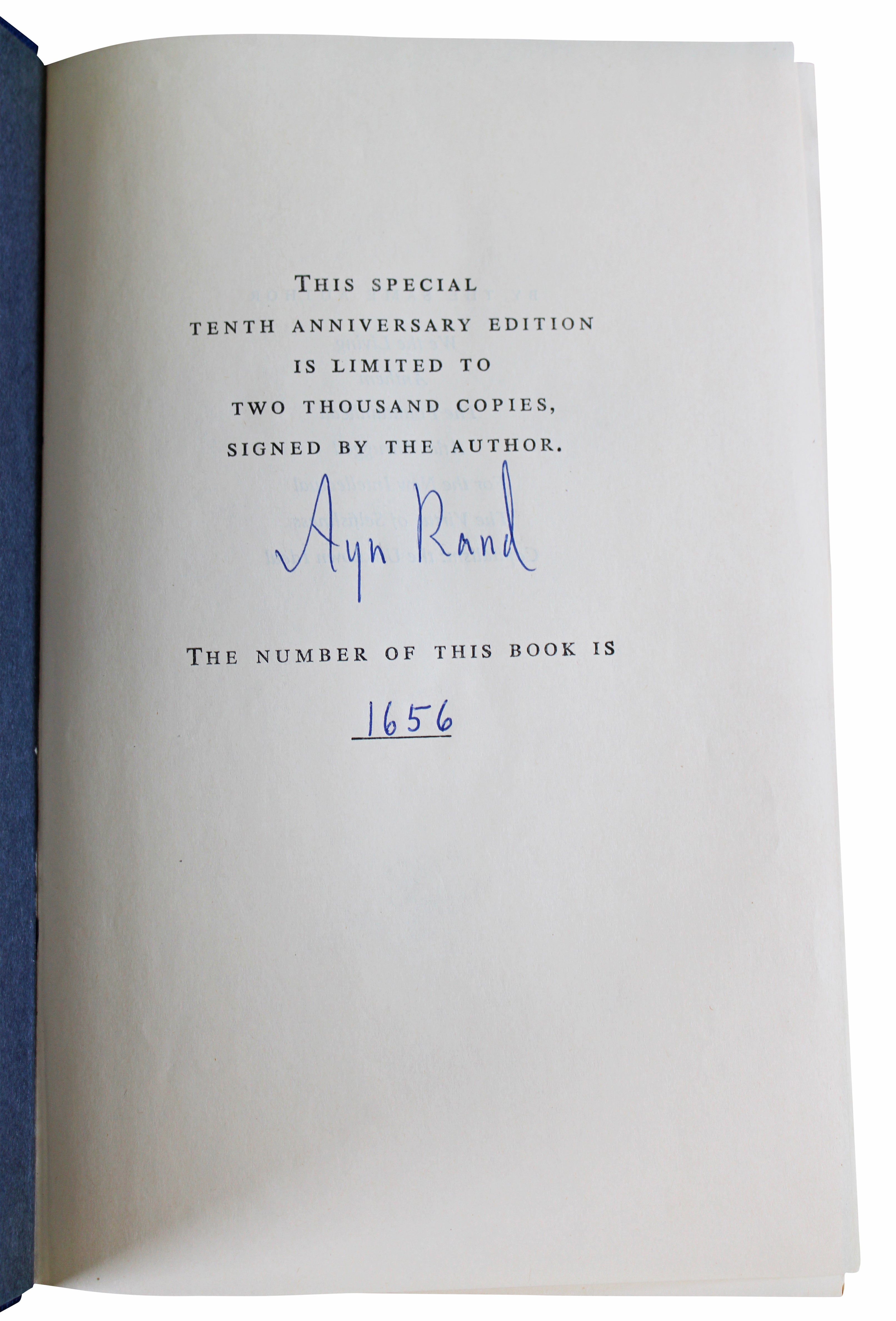 Ayn Rand Signed Atlas Shrugged 10th Anniv Ed. Hard Cover Book LE #1656/2000 BAS