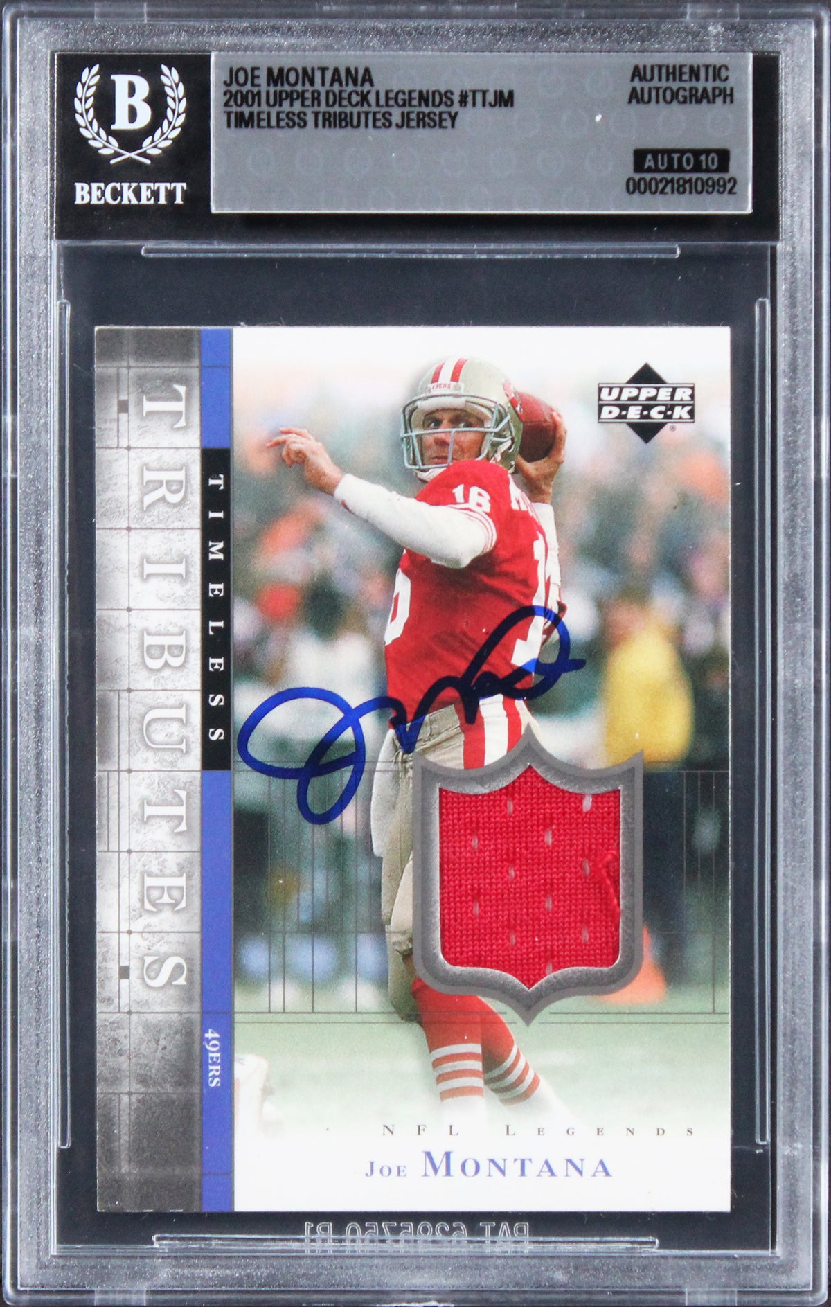 49ers Joe Montana Signed 2001 Upper Deck Jersey #TTJM Card Auto 10! BAS Slabbed