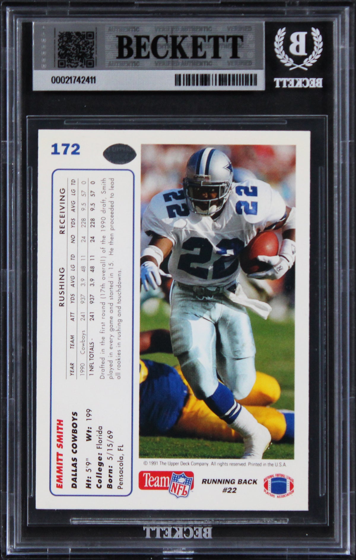 Cowboys Emmitt Smith Signed 1991 Upper Deck #172 Rookie Card Auto 10! BAS Slab