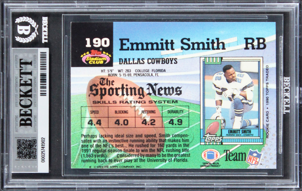 Cowboys Emmitt Smith Signed 1992 Stadium Club #190 Card Auto GM 10! BAS Slabbed