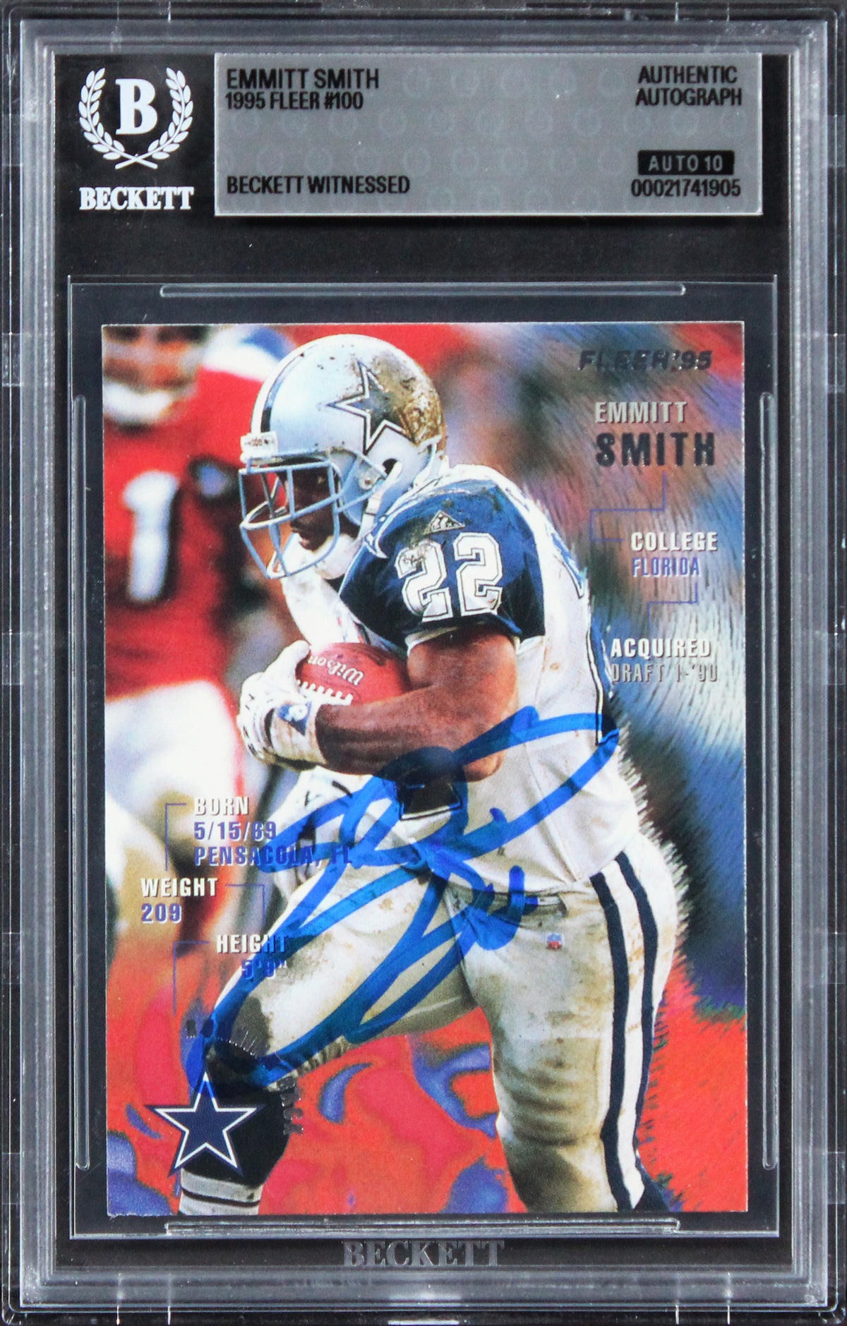 Cowboys Emmitt Smith Signed 1995 Fleer #100 Card Auto Gem Mint 10! BAS Slabbed