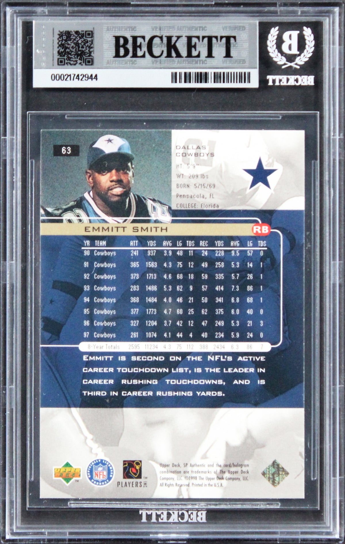 Cowboys Emmitt Smith Signed 1998 SP Authentic #63 Card Auto GM 10! BAS Slabbed