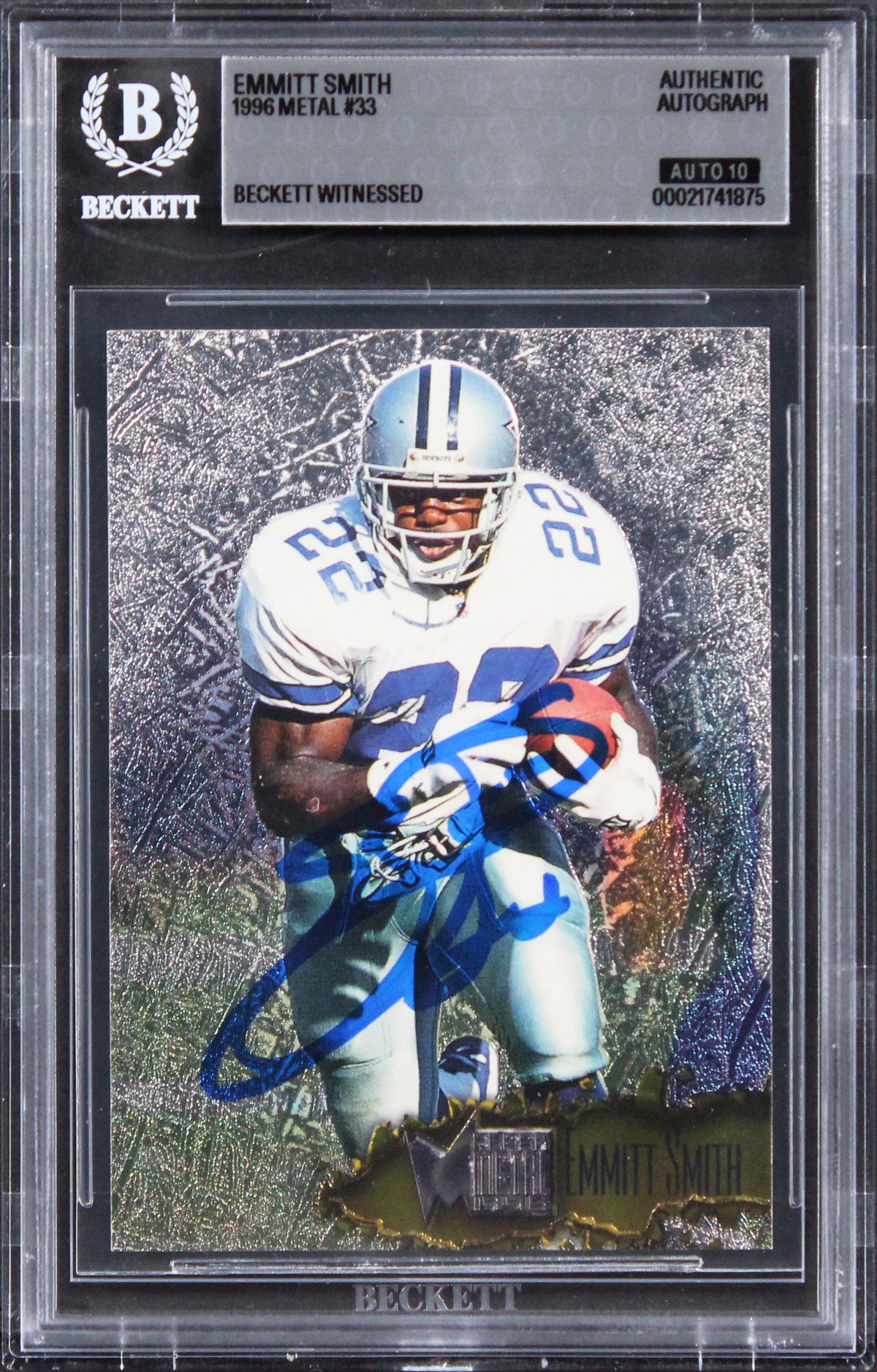 Cowboys Emmitt Smith Signed 1996 Metal #33 Card Auto Grade Mint 10! BAS Slabbed