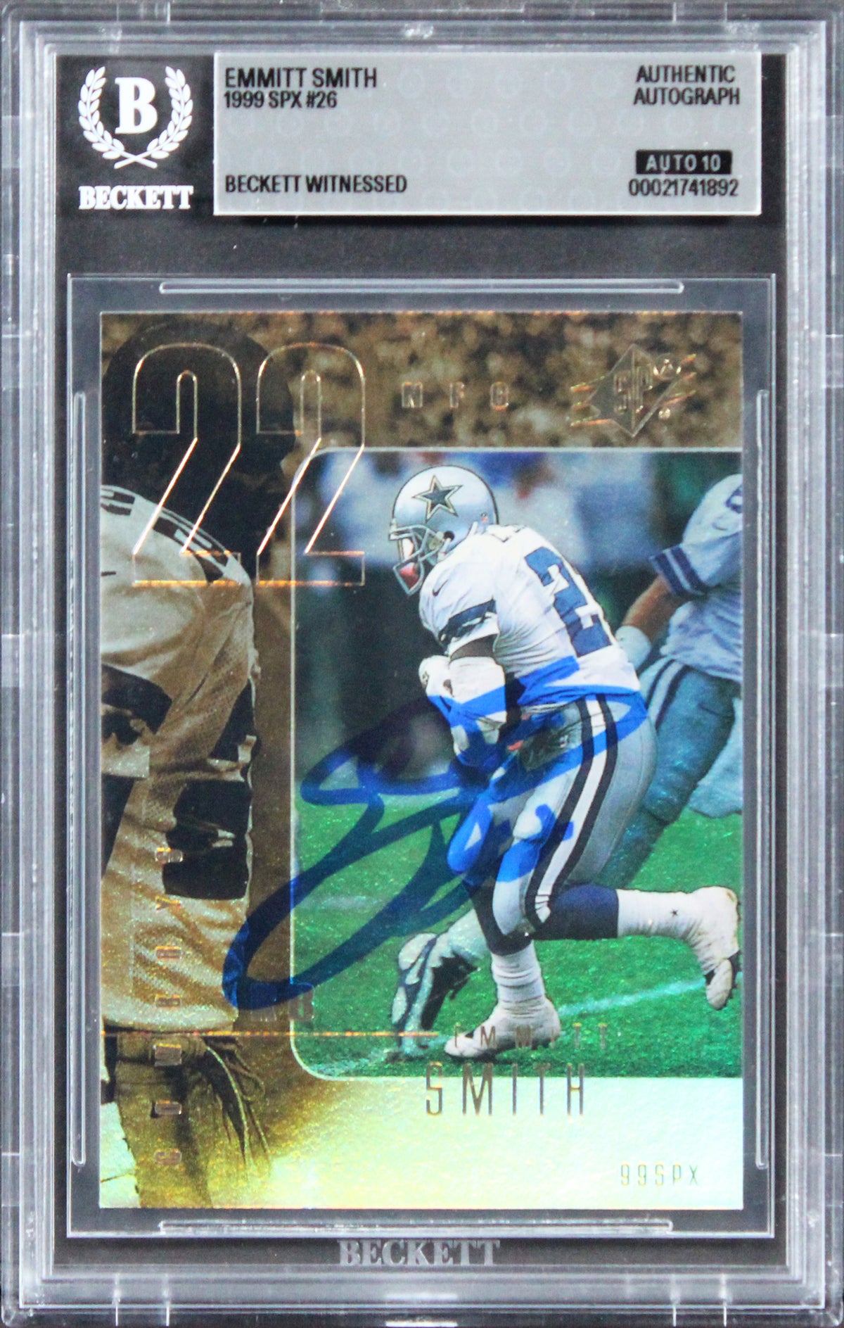 Cowboys Emmitt Smith Signed 1999 SPX #26 Card Auto Grade Mint 10! BAS Slabbed