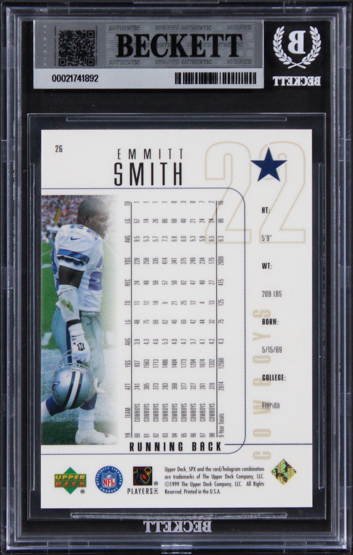 Cowboys Emmitt Smith Signed 1999 SPX #26 Card Auto Grade Mint 10! BAS Slabbed