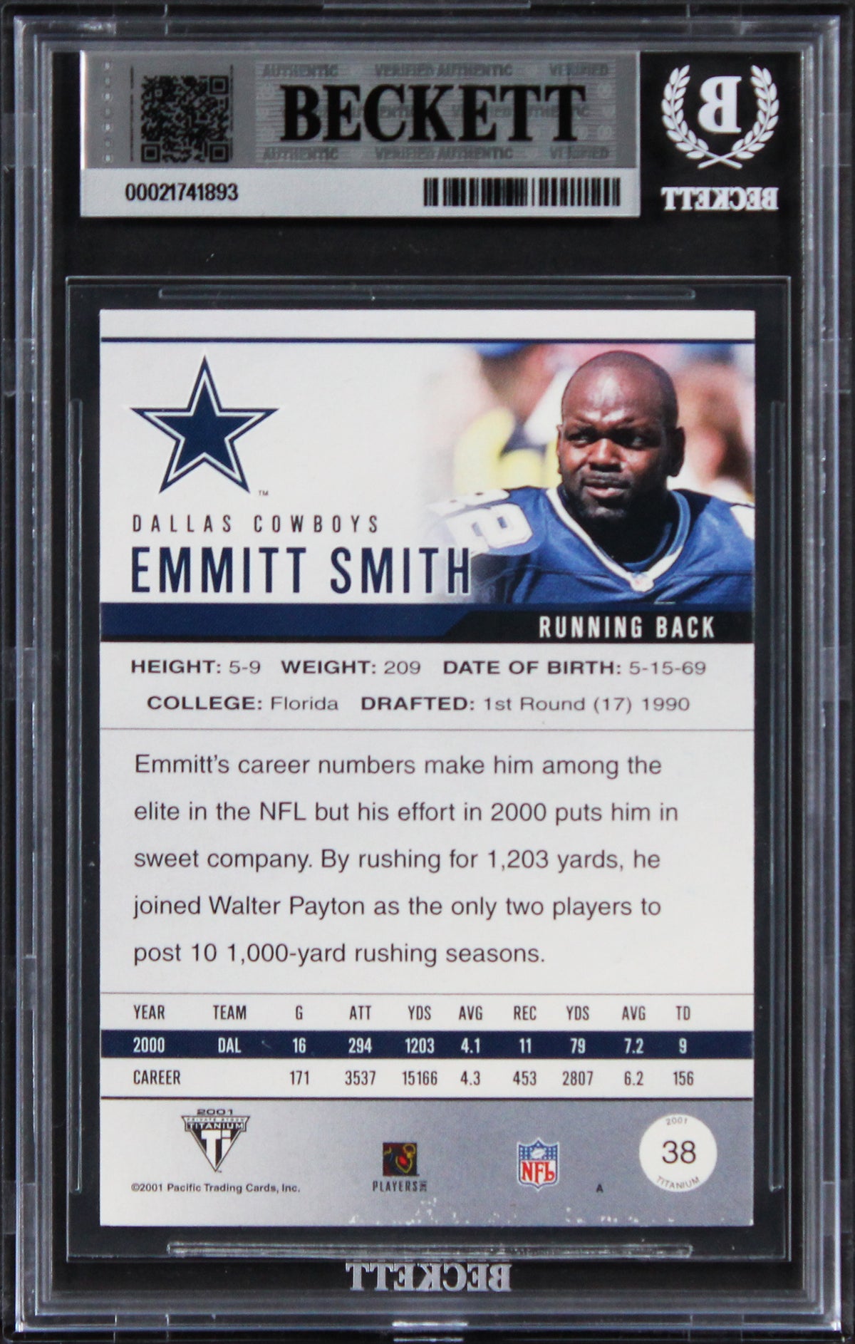 Cowboys Emmitt Smith Signed 2001 Titanium #38 Card Auto Grade 10! BAS Slabbed