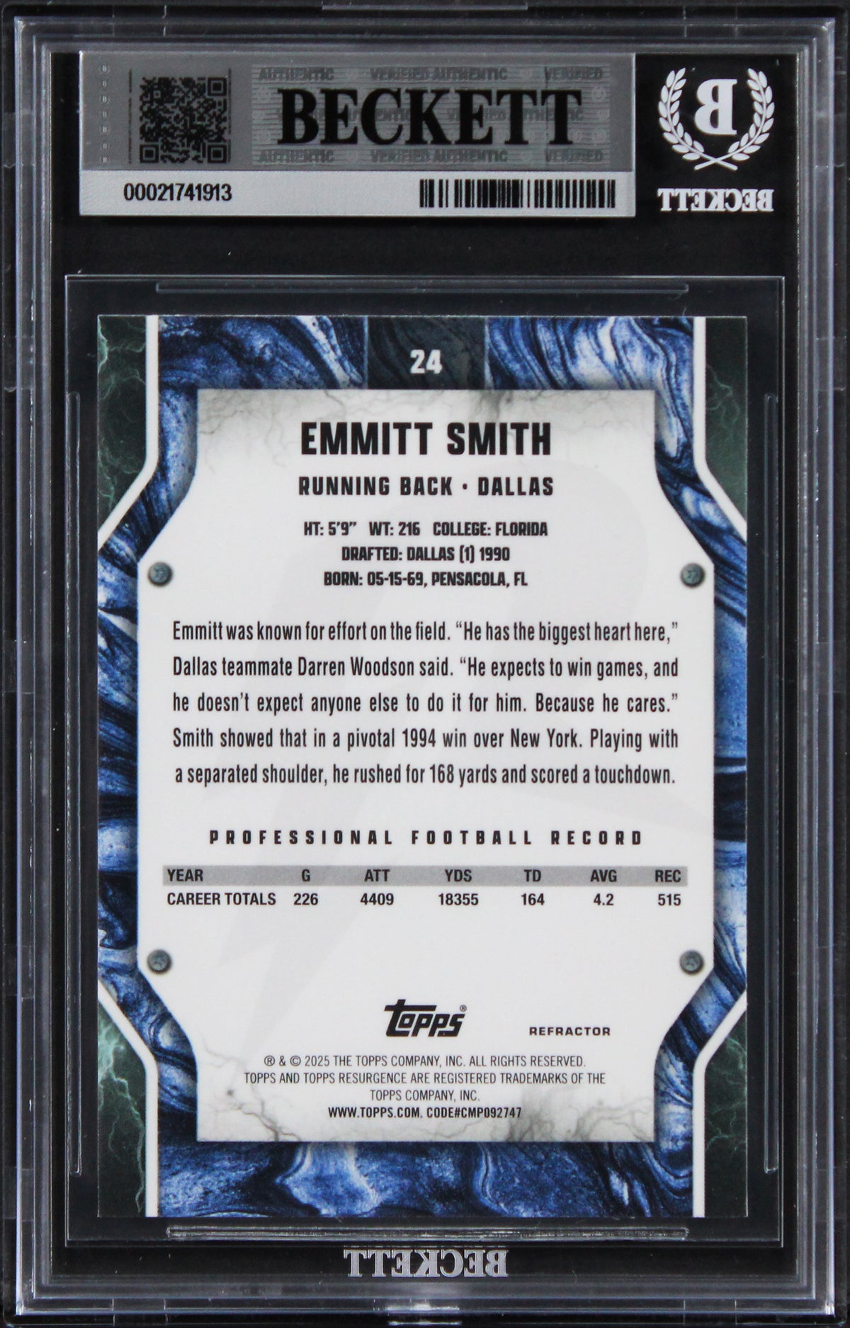Emmitt Smith Signed 2024 Topps Resurgence Refractors #24 Card Auto 10! BAS Slab