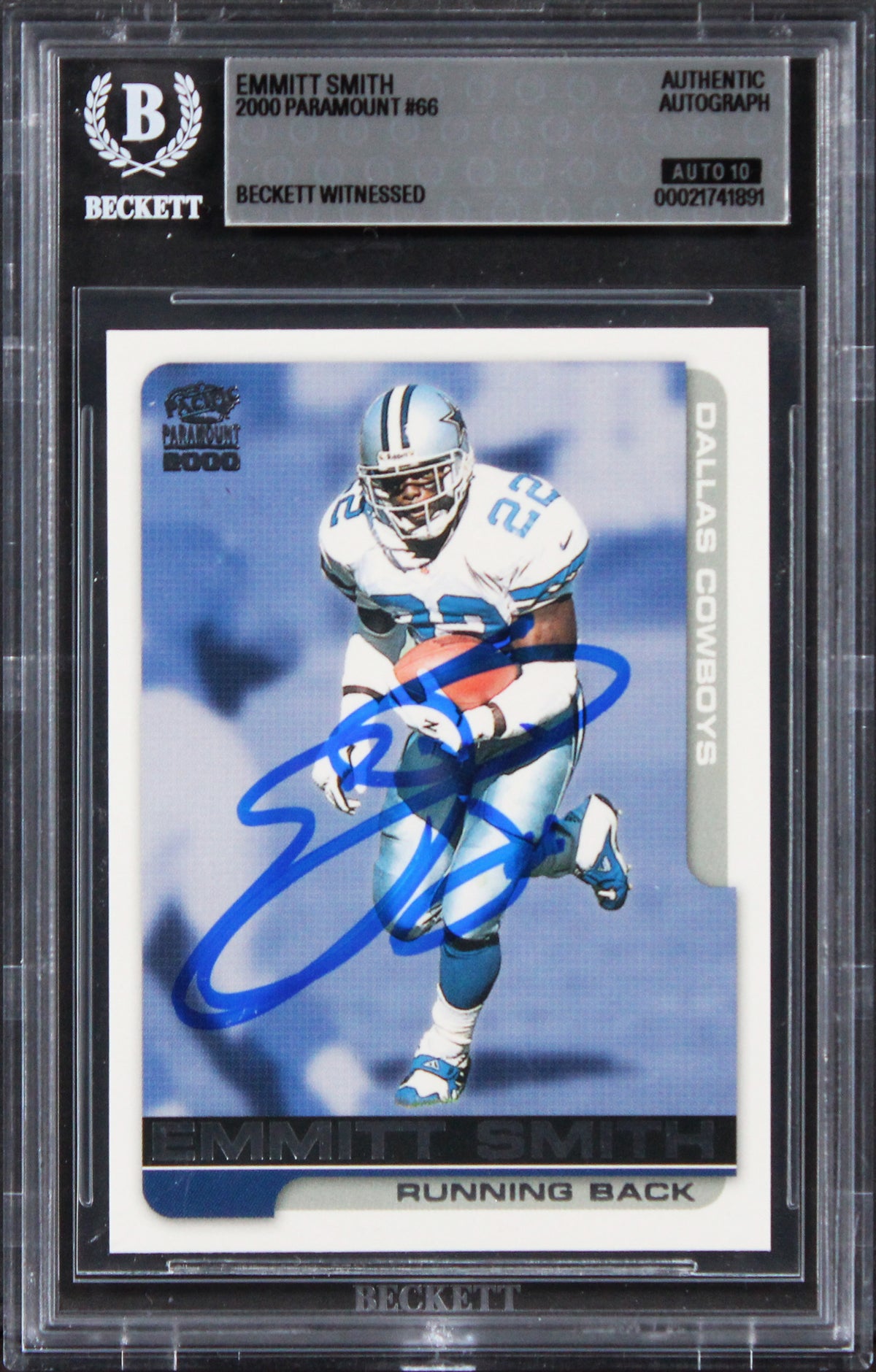 Cowboys Emmitt Smith Signed 2000 Paramount #66 Card Auto Grade 10! BAS Slabbed