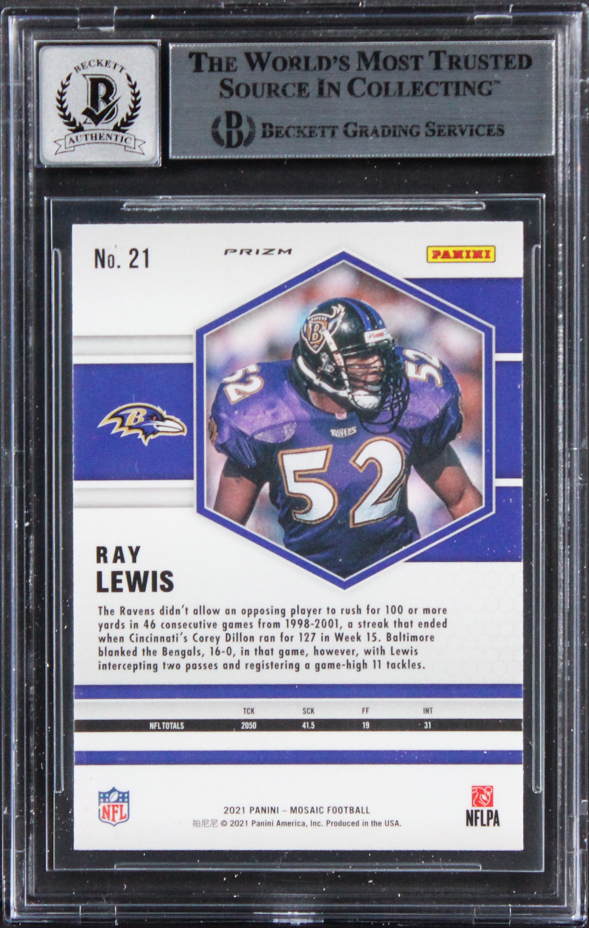 Ravens Ray Lewis Signed 2021 Panini Mosaic Green #21 Card Auto 10! BAS Slabbed
