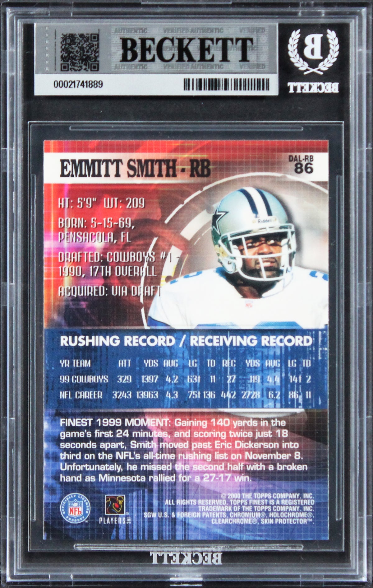 Cowboys Emmitt Smith Signed 2000 Finest #86 Card Auto Gem Mint 10! BAS Slabbed