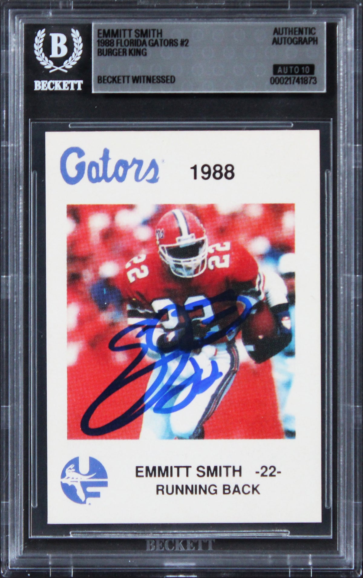 Emmitt Smith Signed 1988 Florida Gators Burger King #2 Card Auto 10! BAS Slabbed