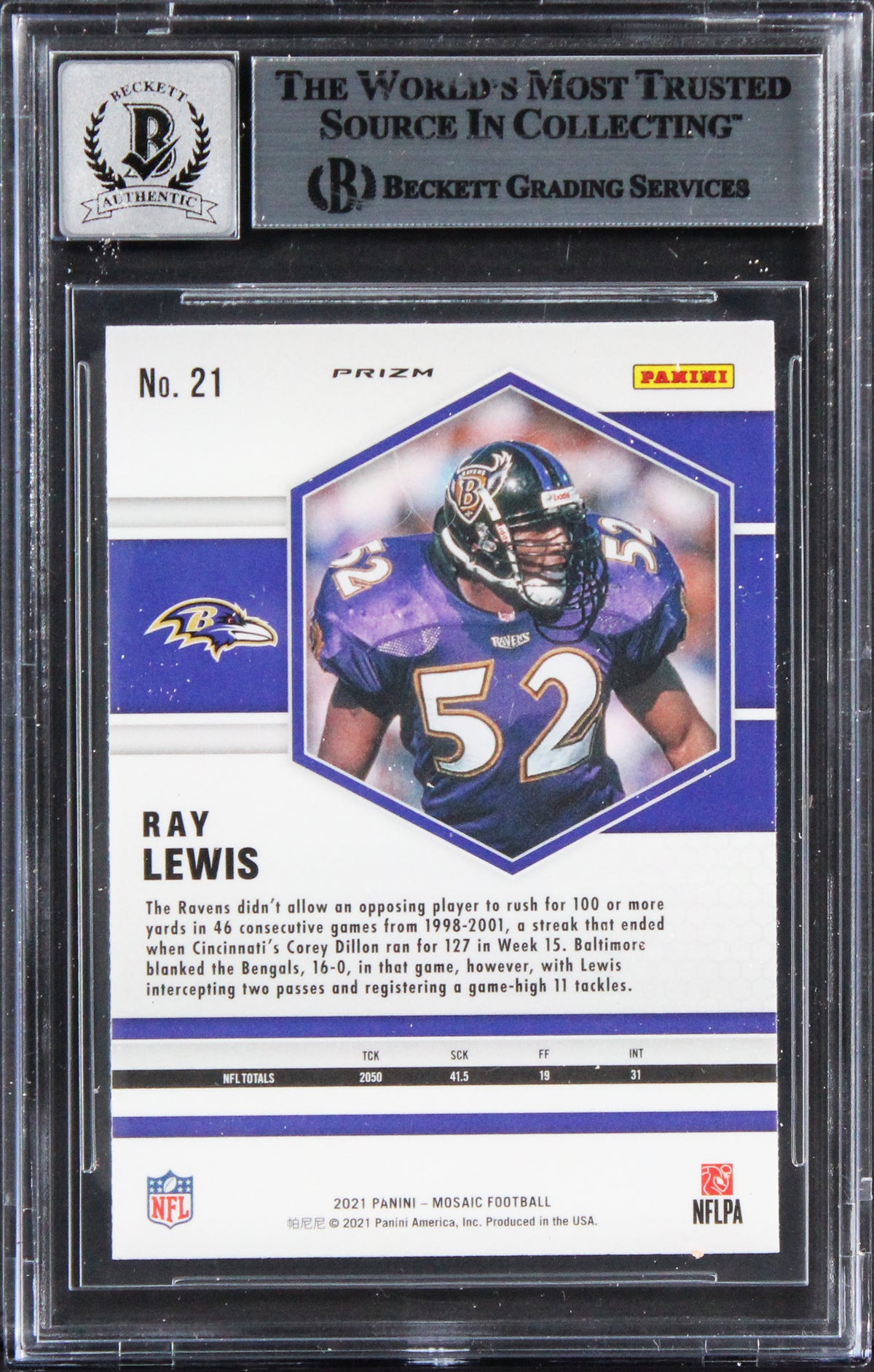 Ray Lewis Signed 2021 Panini Mosaic Camo Pink #21 Card Auto Mint 10! BAS Slabbed