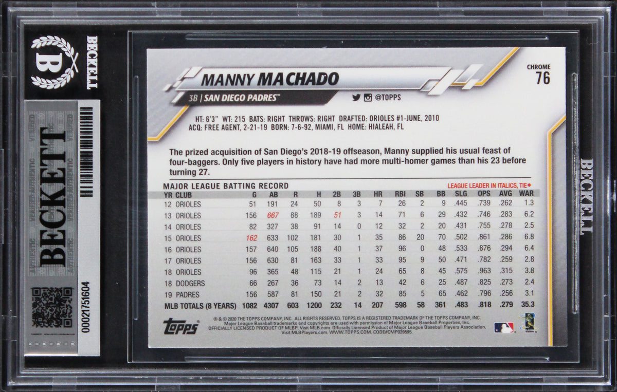 Padres Manny Machado Authentic Signed 2020 Topps Chrome #76 Card BAS Slabbed