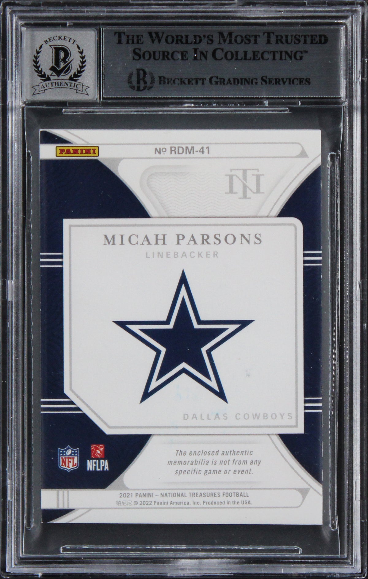 Micah Parsons Signed 2021 National Treasures RDM #41 RC Card Auto 10! BAS Slab